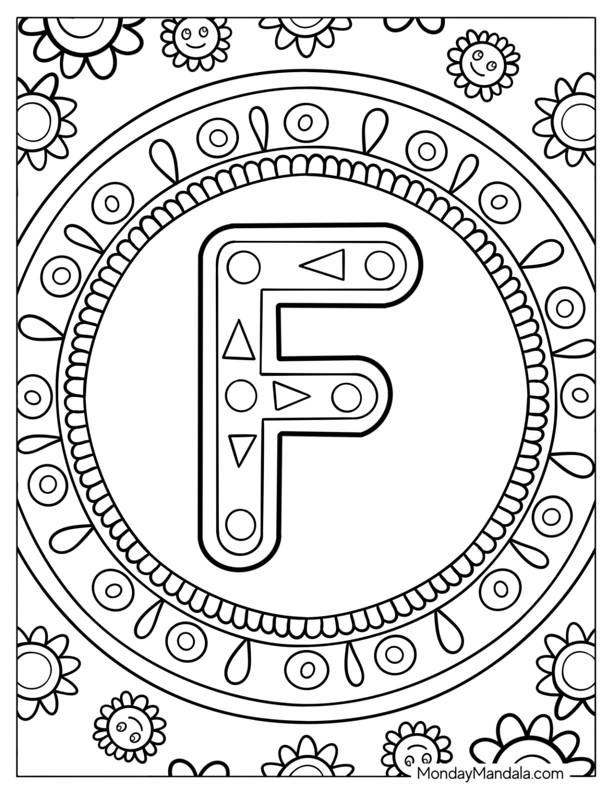 Big Letter F Coloring Page in a Simple Mandala Circle with Sun and Flowers