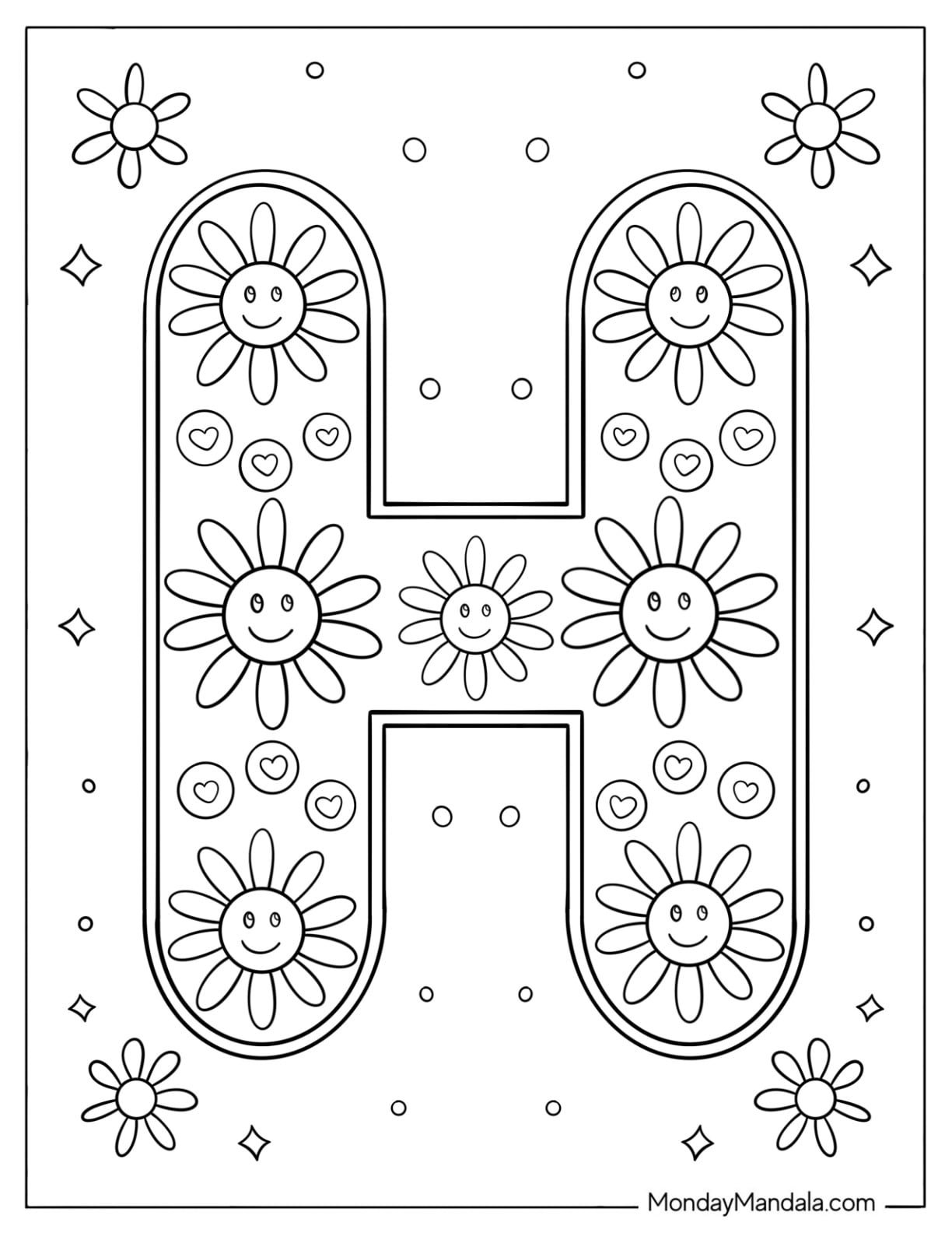 Big Letter H Coloring Page Covered in Smiling Flowers