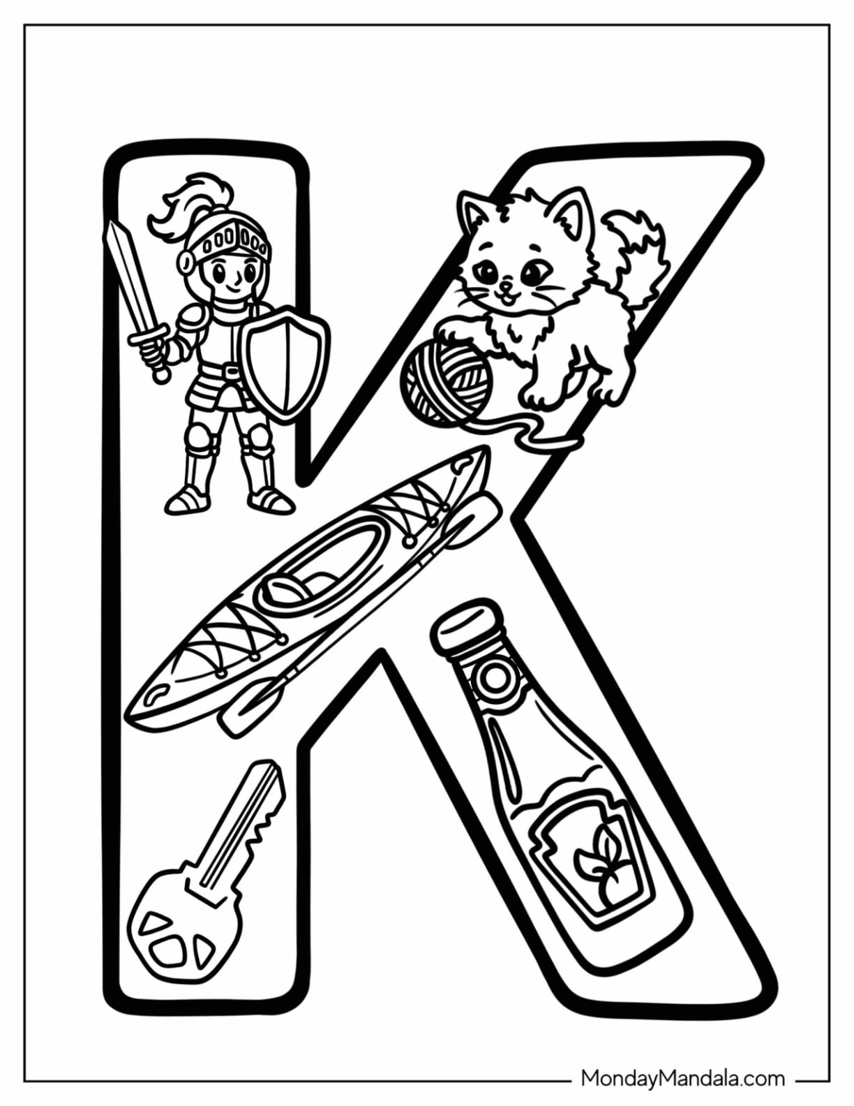 Big Letter K Coloring Page with Things That Start with K