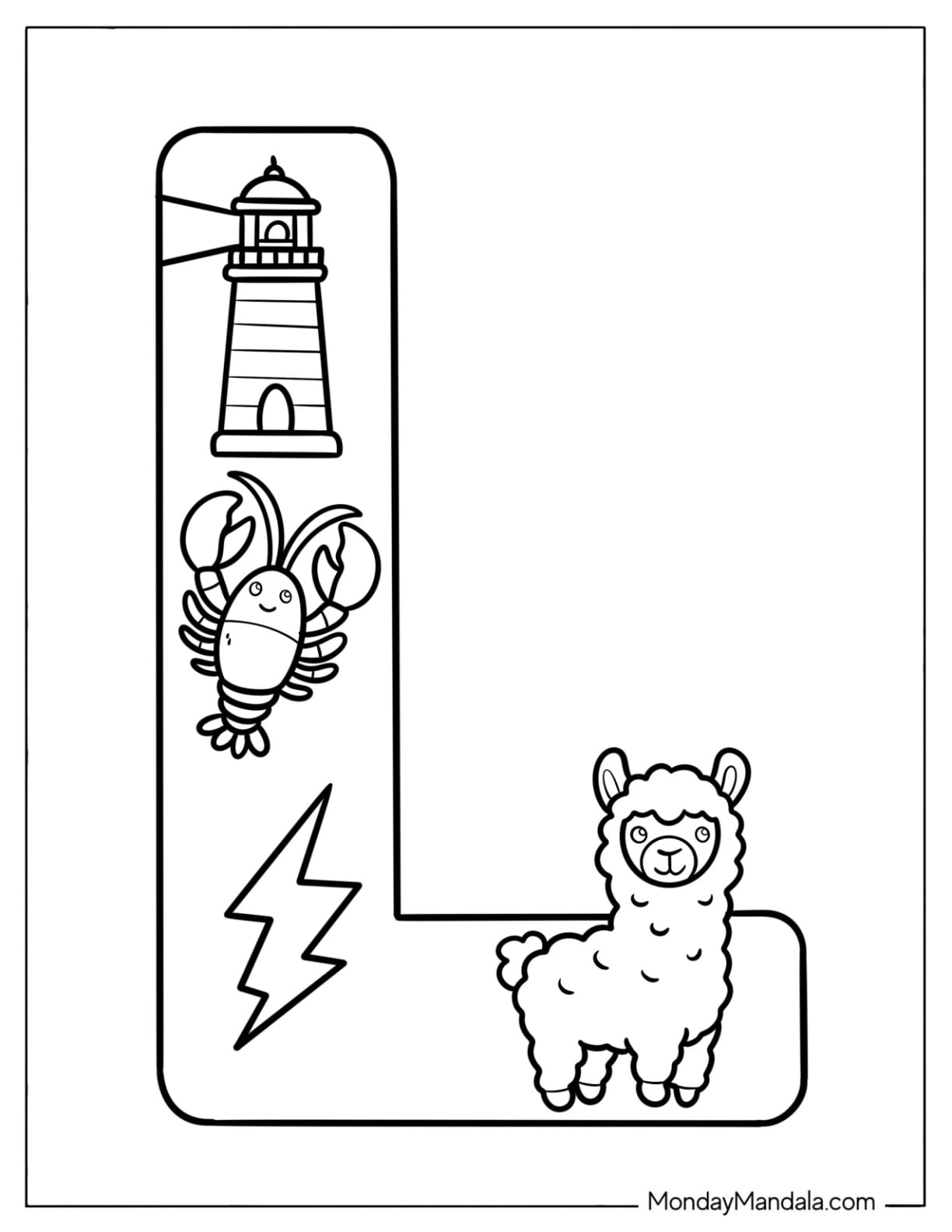 Big Letter L Coloring Page with Lighthouse, Lightning, Sheep, and Lobster