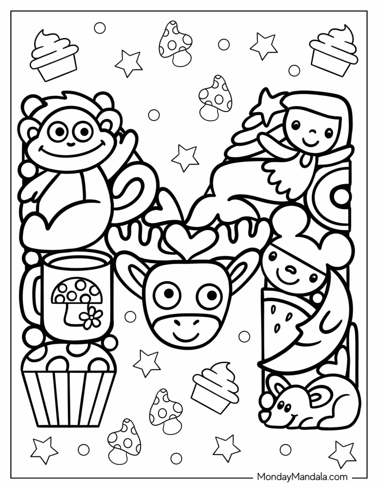 Big Letter M Coloring Page Made Up Of Things That Start With M