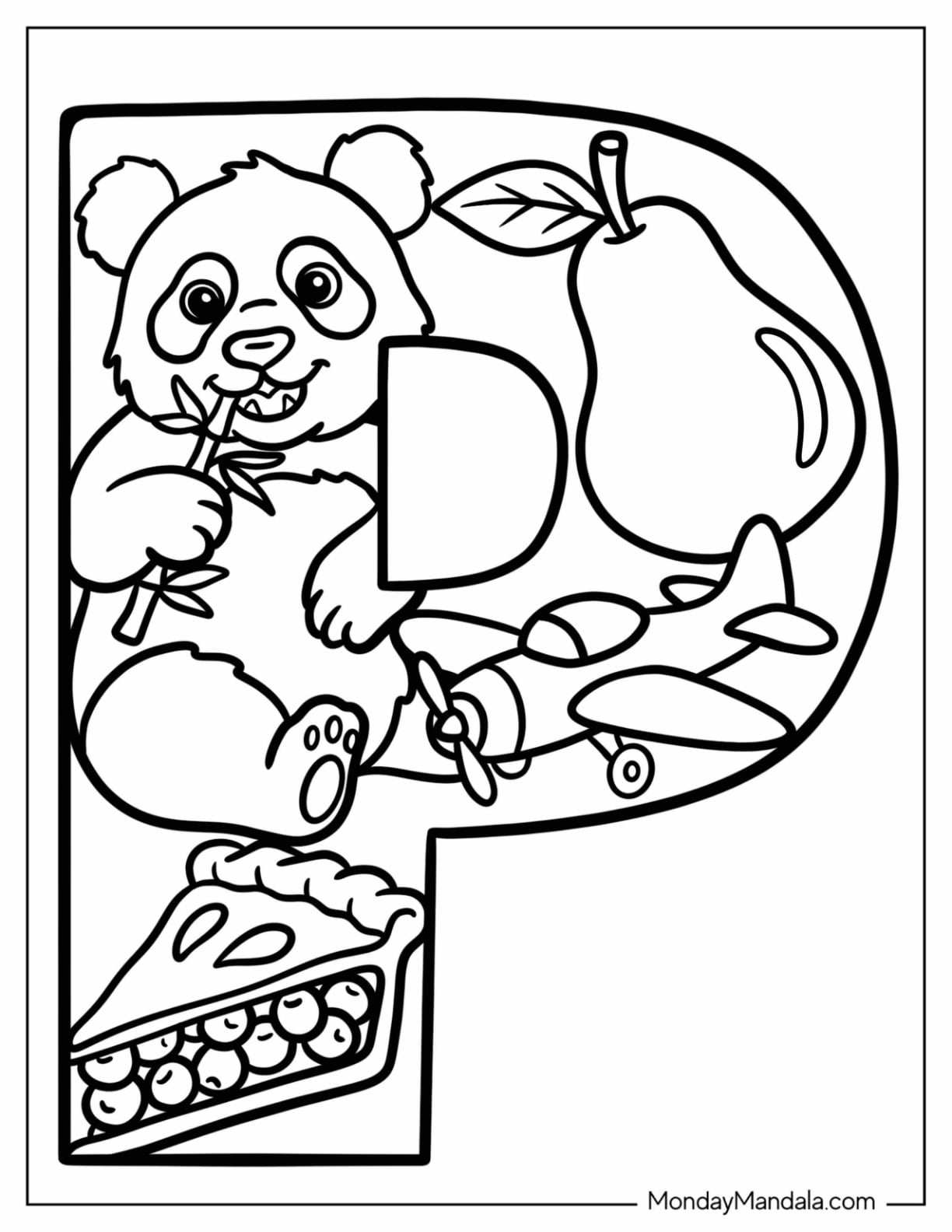 Big Letter P Coloring Page with Panda, Pear, and Pie for Kids