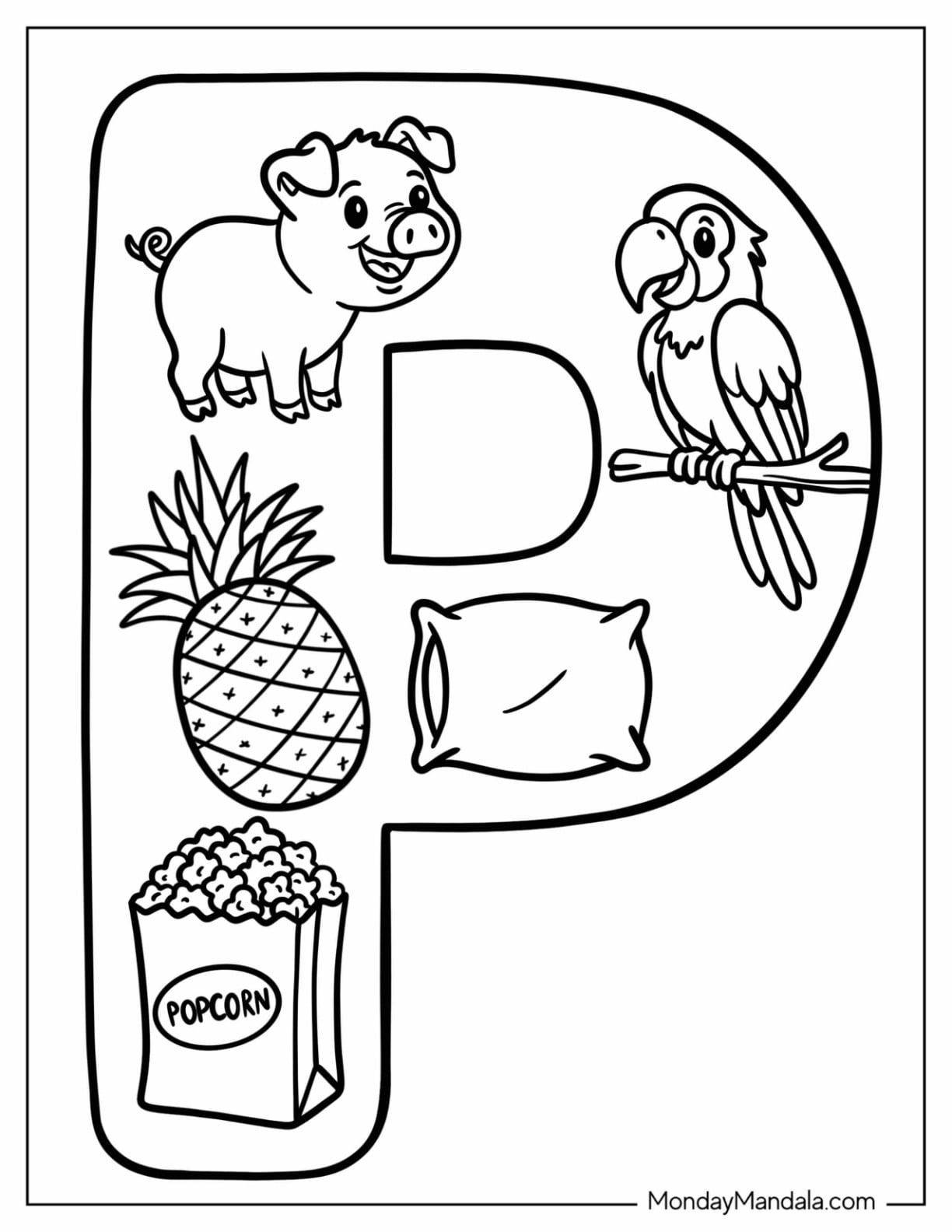 Big Letter P Coloring Page with Pig, Parrot, Pineapple, Pillow, and Popcorn