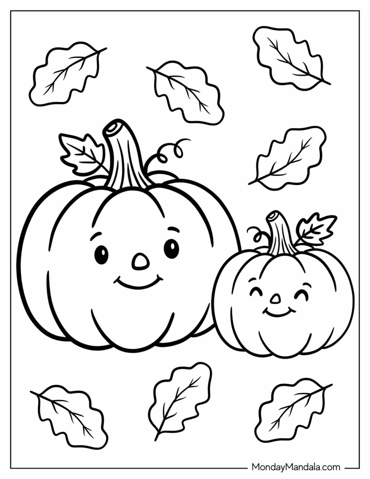 Big Pumpkin Next to a Small Pumpkin with Autumn Leaves