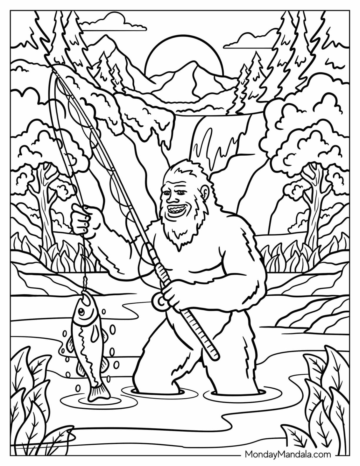 Bigfoot And Yeti Coloring Page Fishing with a Rod in a River for Kids