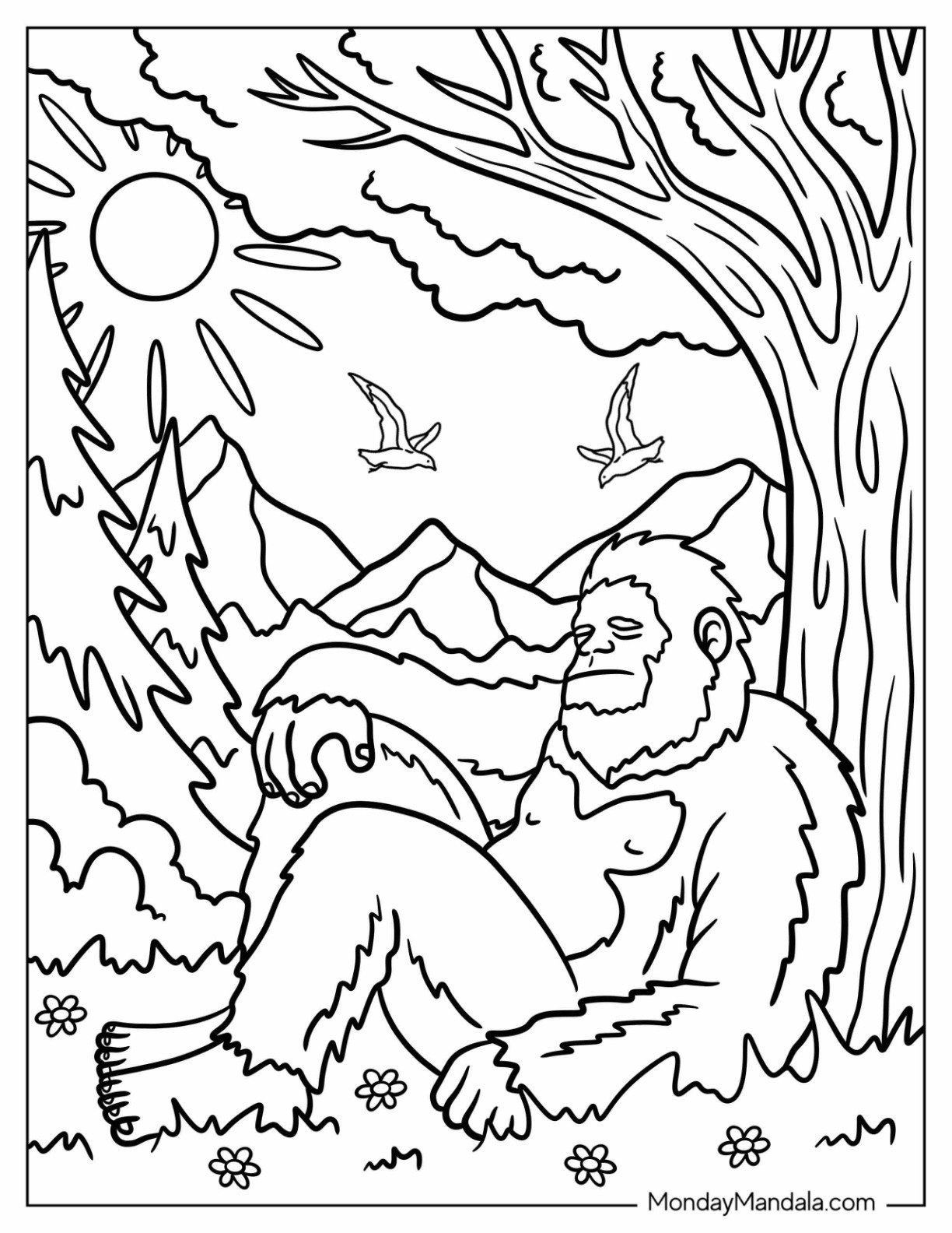 Bigfoot And Yeti Coloring Page of Bigfoot Sleeping under a Tree on a Sunny Day