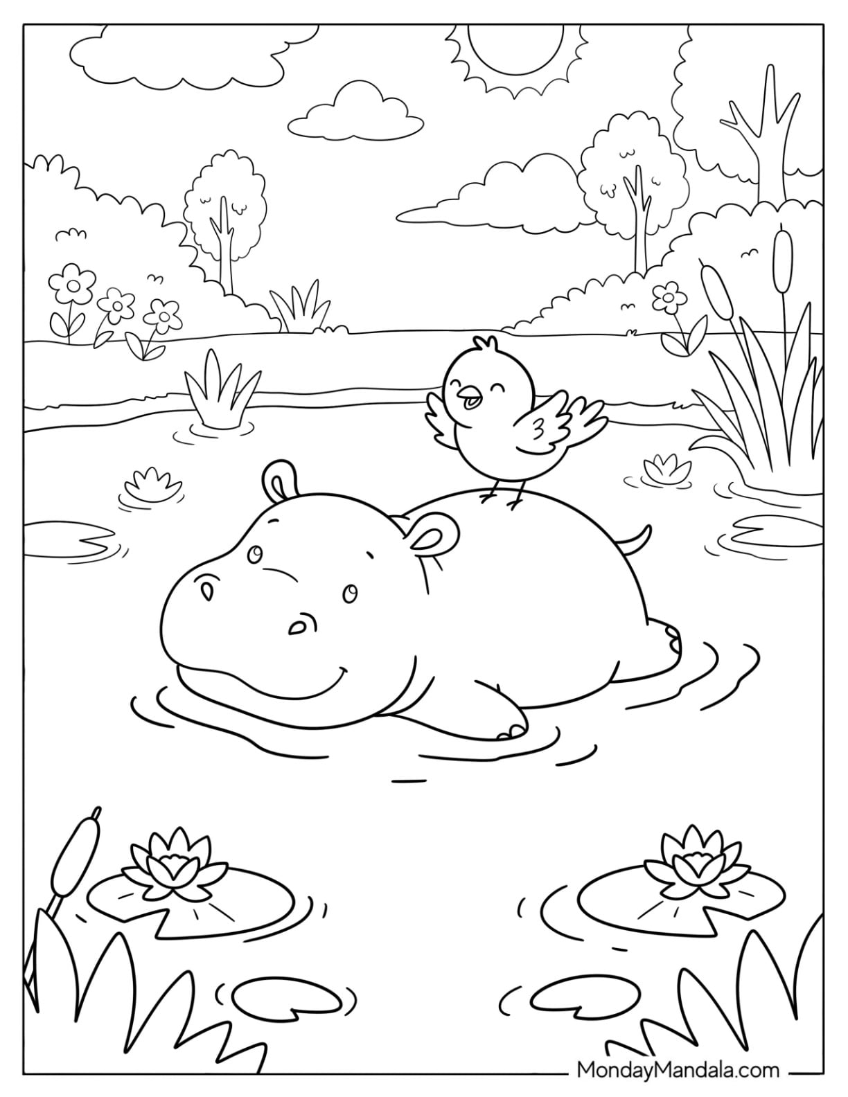 Bird Perched on Swimming Hippo Coloring Page