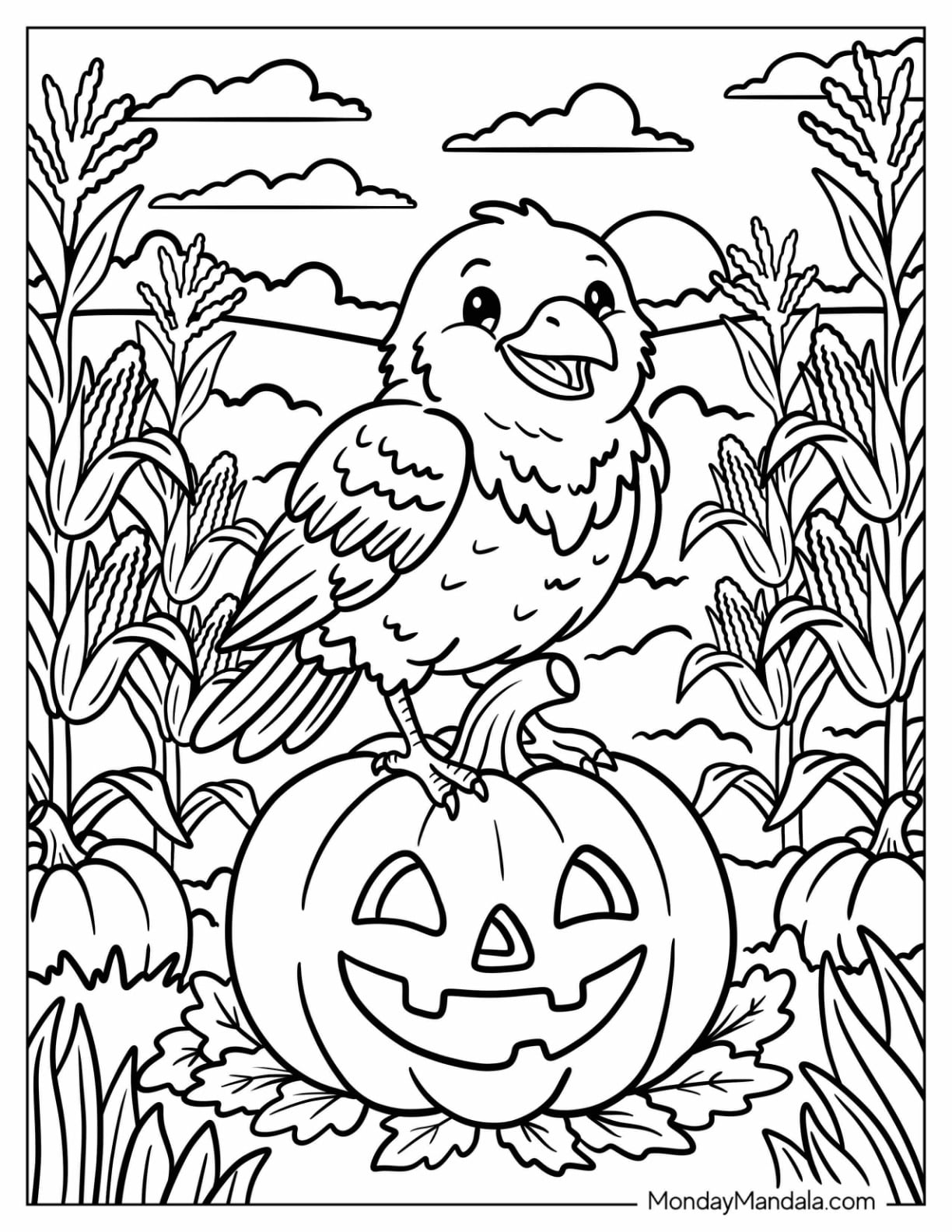Bird Perched on a Jack O’ Lantern in a Cornfield Coloring Sheet