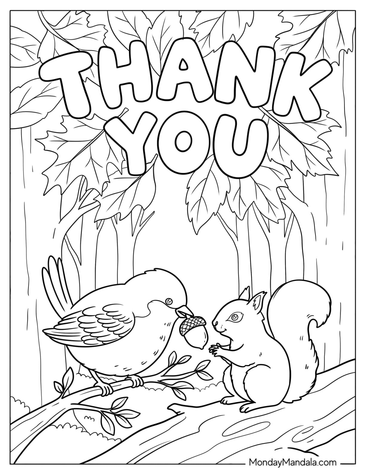 Bird Sharing Acorn with a Squirrel Coloring Sheet
