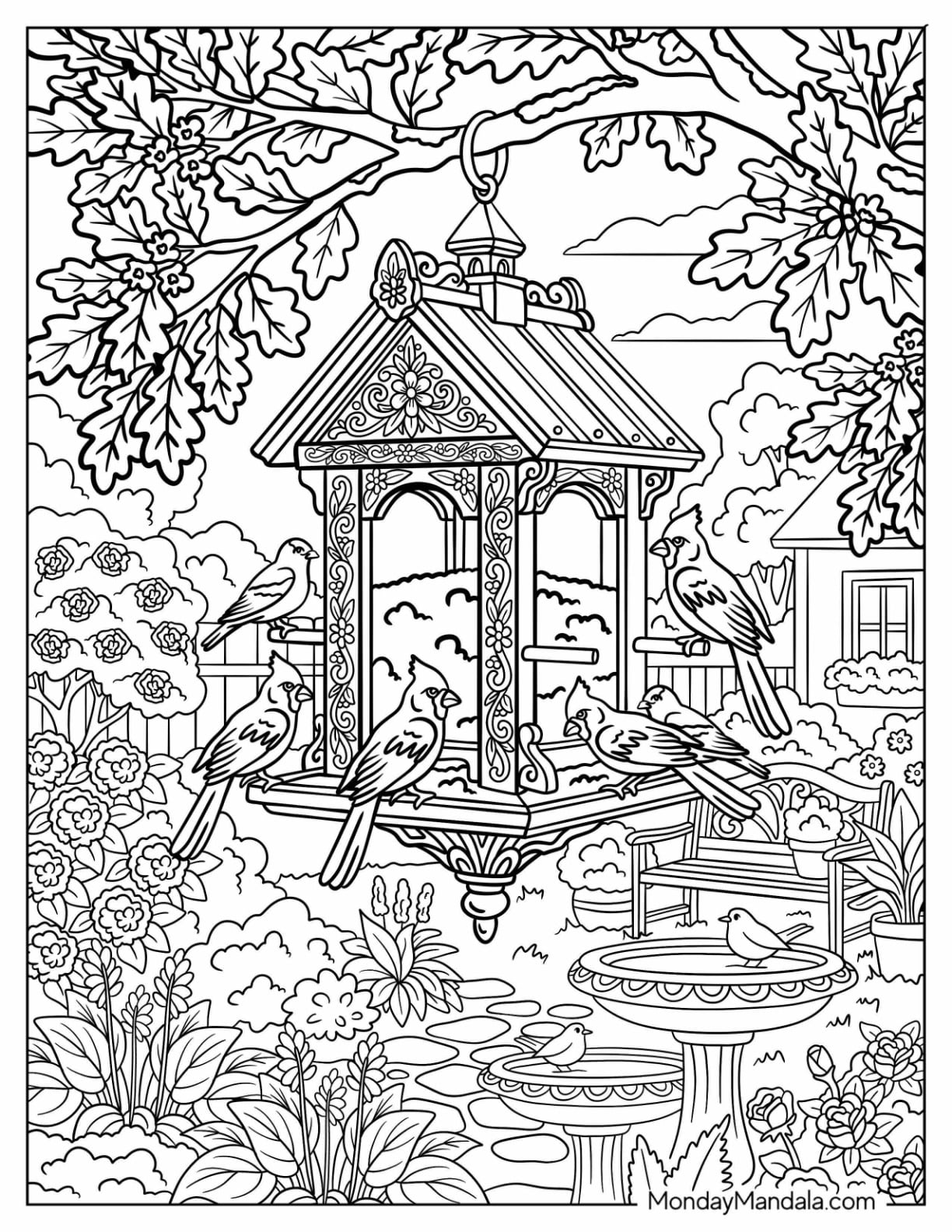Birds Feeding on a Hanging Birdhouse Coloring Page