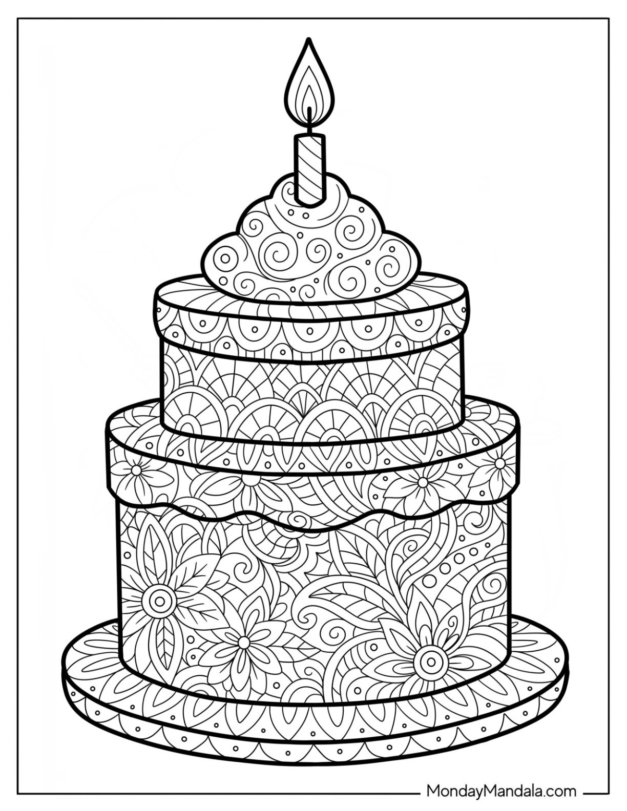 Birthday Cake Coloring Page Mandala with Single Candle