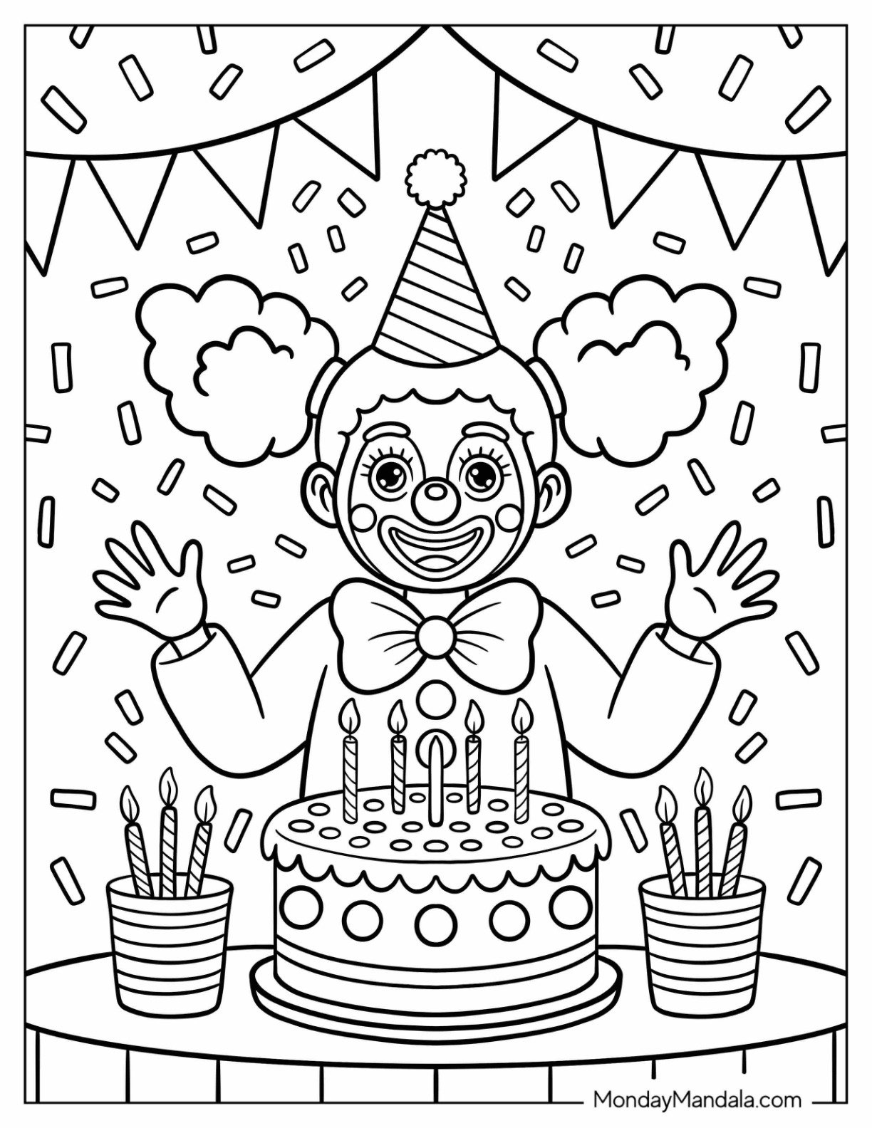Birthday Clown Coloring Page Girl With A Large Cake for Kids