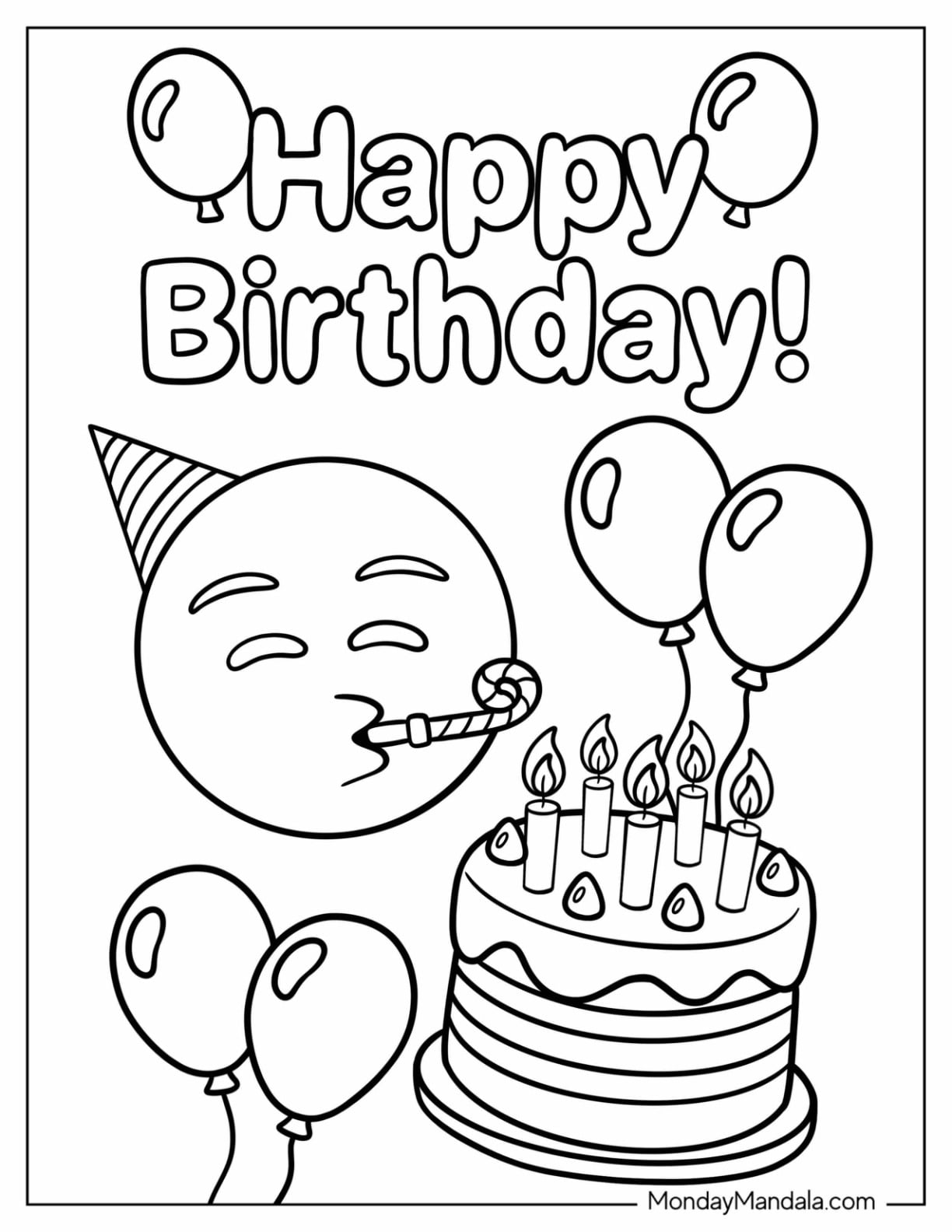 Birthday Emoji Coloring Page with Cake and Balloons