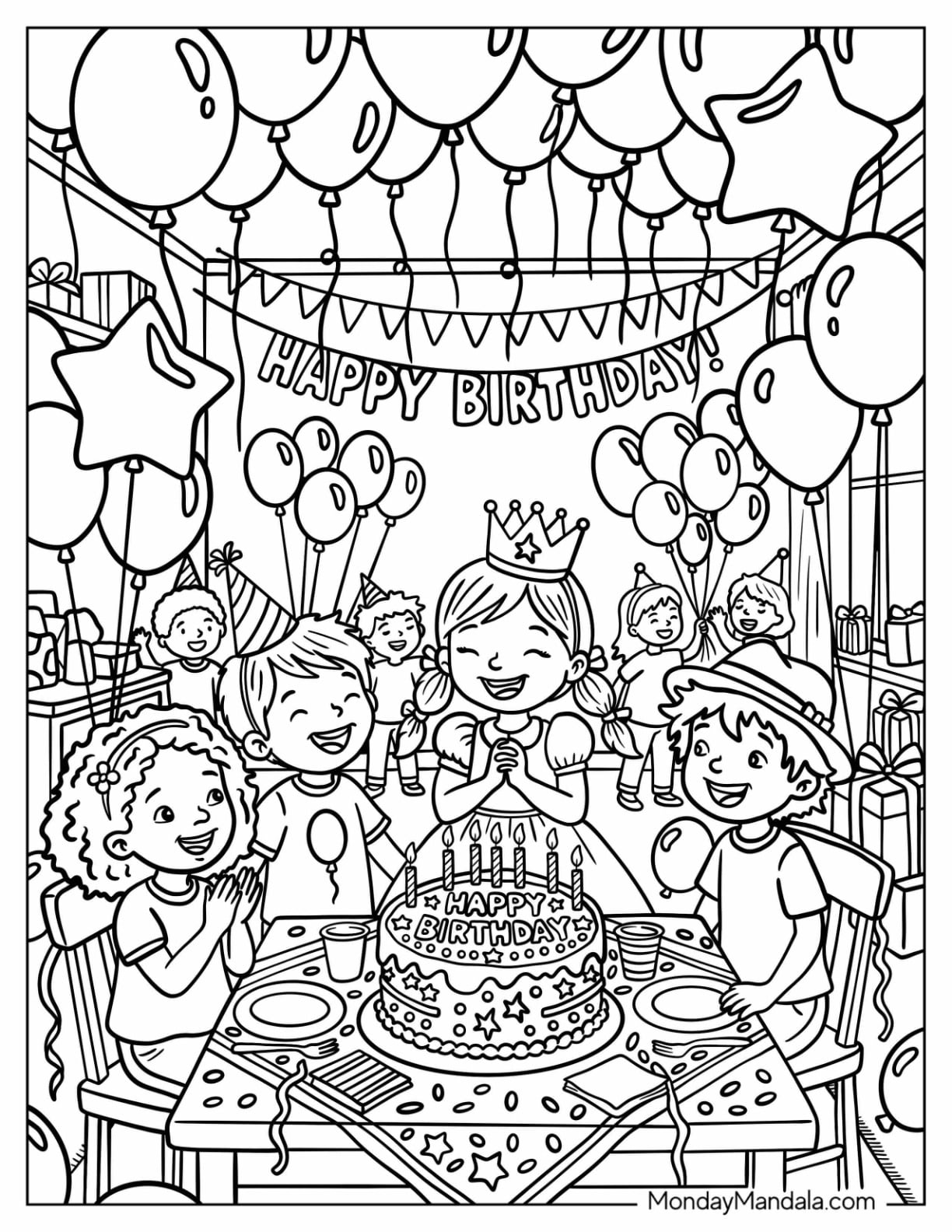 Birthday Girl Blowing Out Candles Under Balloons Coloring Page