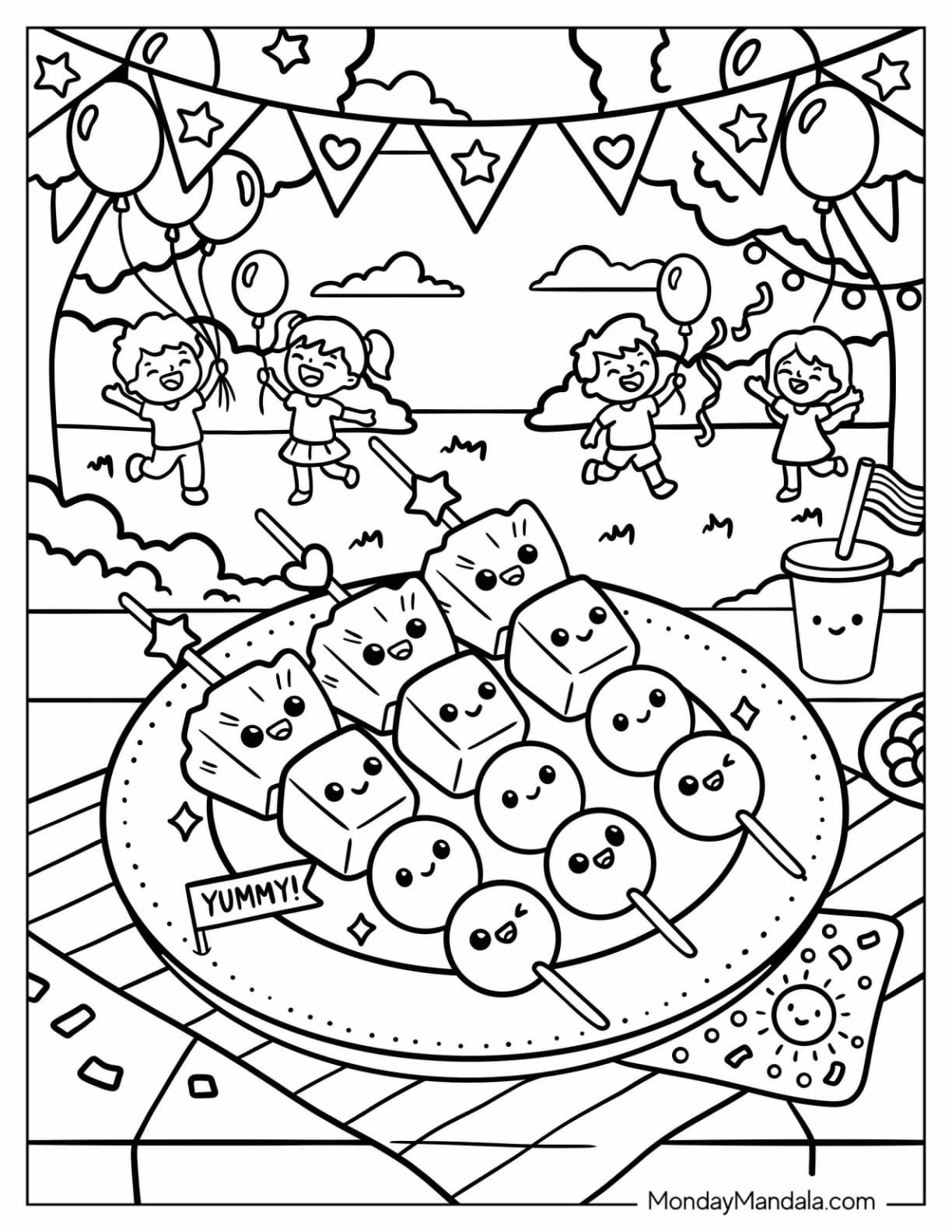Birthday Party with a Plate of Fruit Skewers Coloring Page