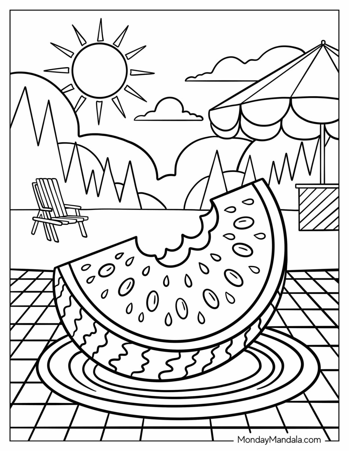 Bitten Watermelon Coloring Page Slice on Poolside Patio Under Summer Sun