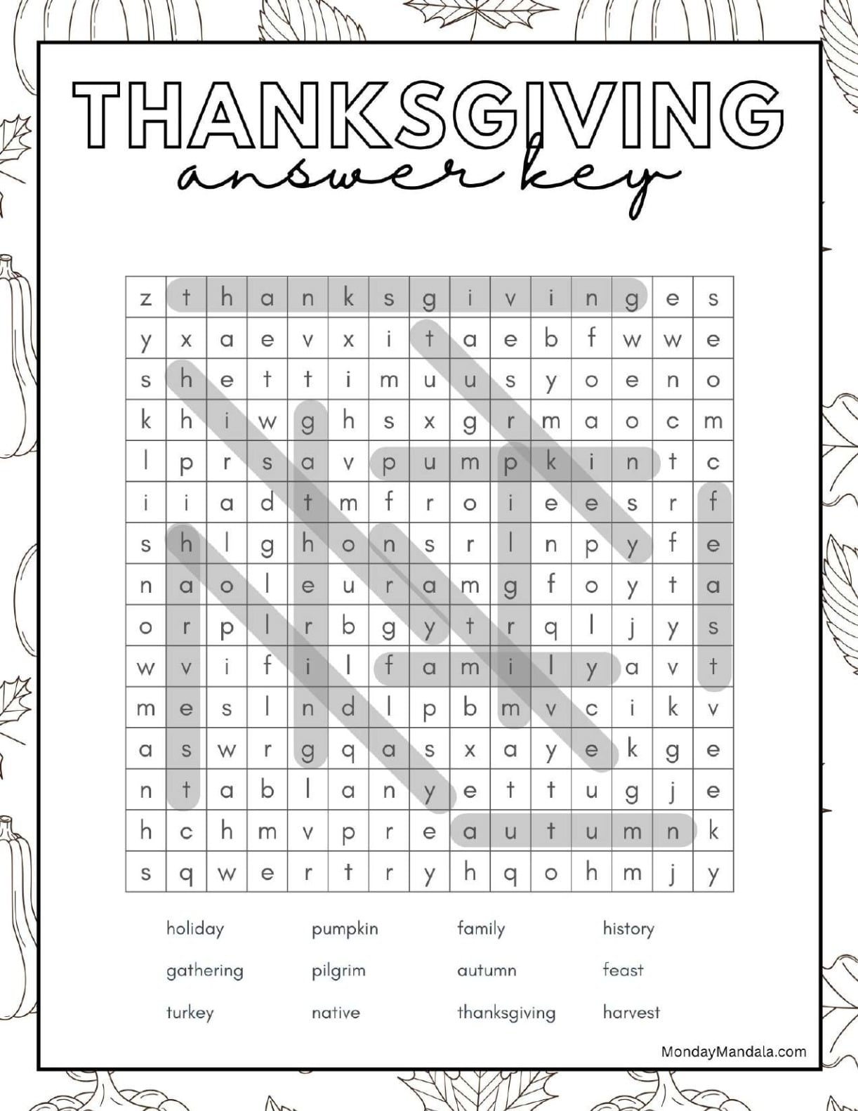 Black And White Thanksgiving Word Search Answer Key