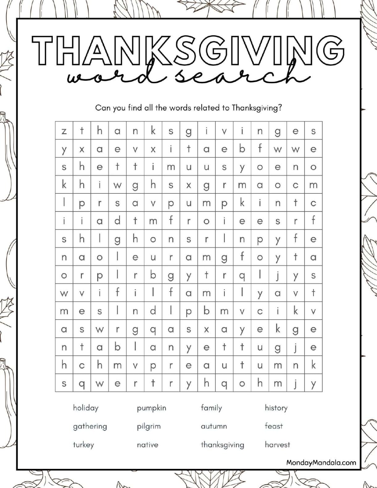 Black And White Thanksgiving Word Search