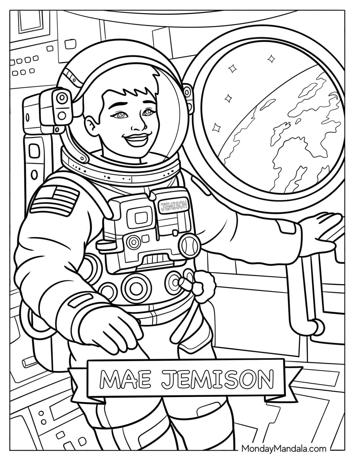 Black History Month Coloring Page of Astronaut Mae Jemison for Kids