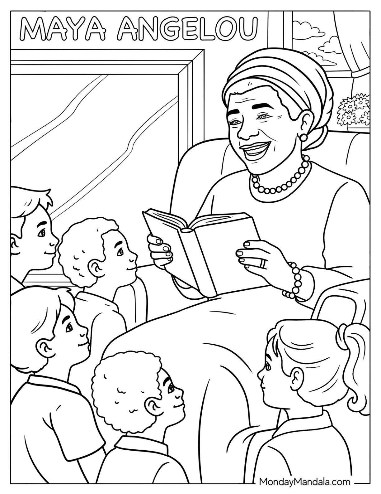 Black History Month Coloring Page of Author Maya Angelou Reading to Children