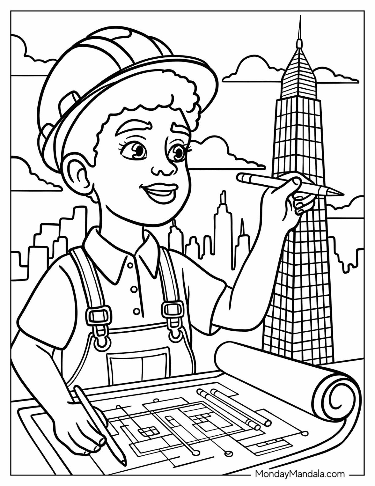 Black Girl & Boy Coloring Page Architect Designing Buildings