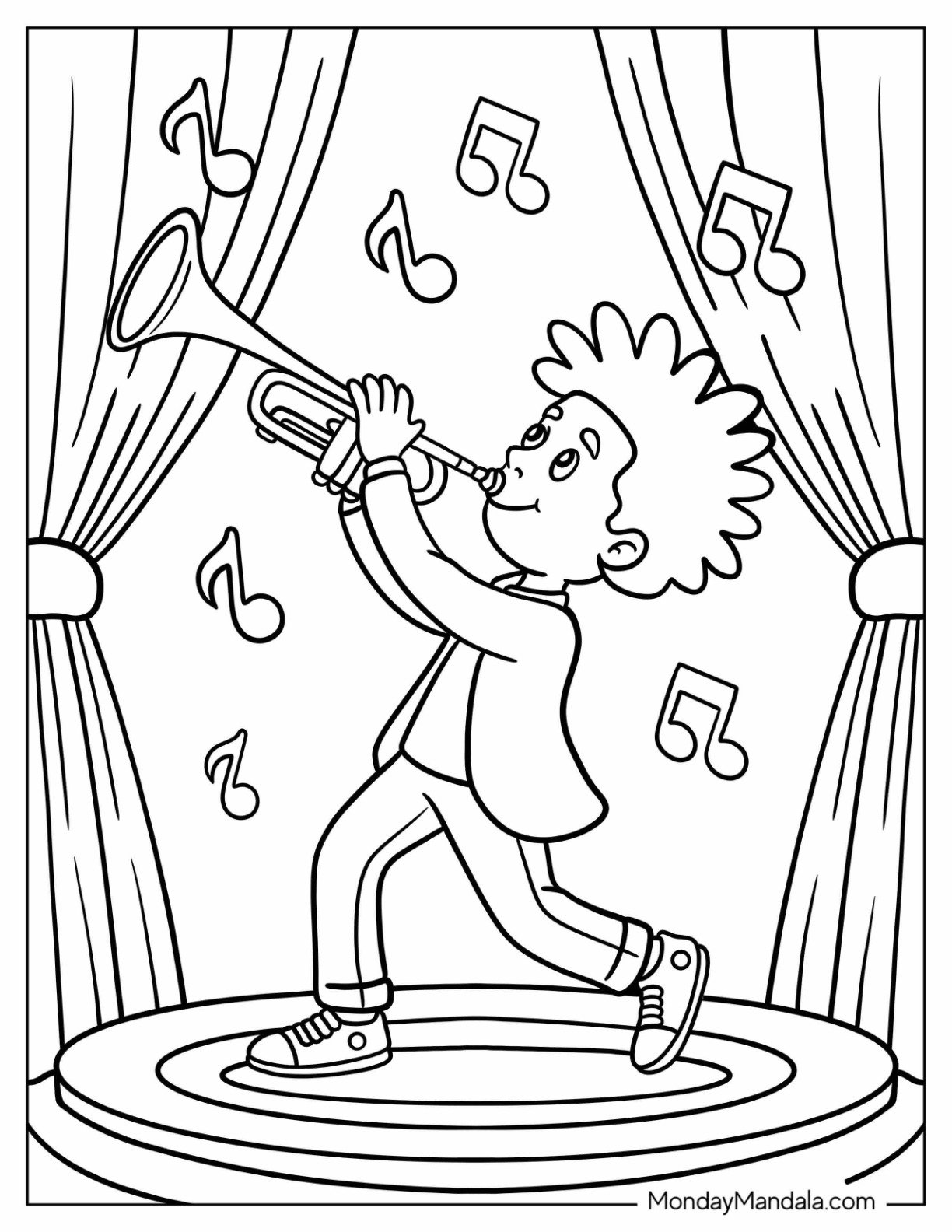 Black Girl & Boy Coloring Page Playing the Trumpet on Stage for Kids