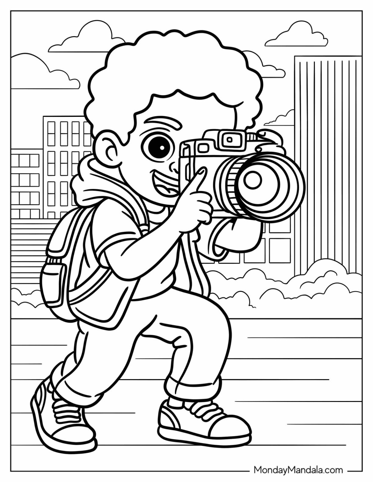Black Girl & Boy Coloring Page Taking Photos in the City for Kids