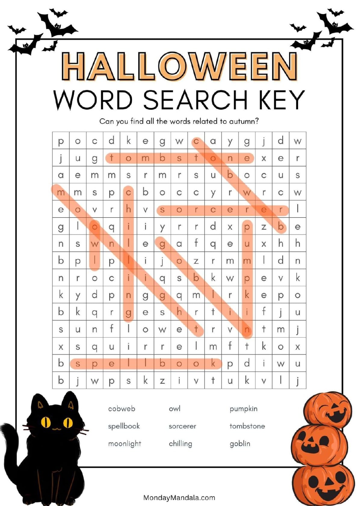 Black Cat And Jack O Lanterns Halloween Word Search Answer Key