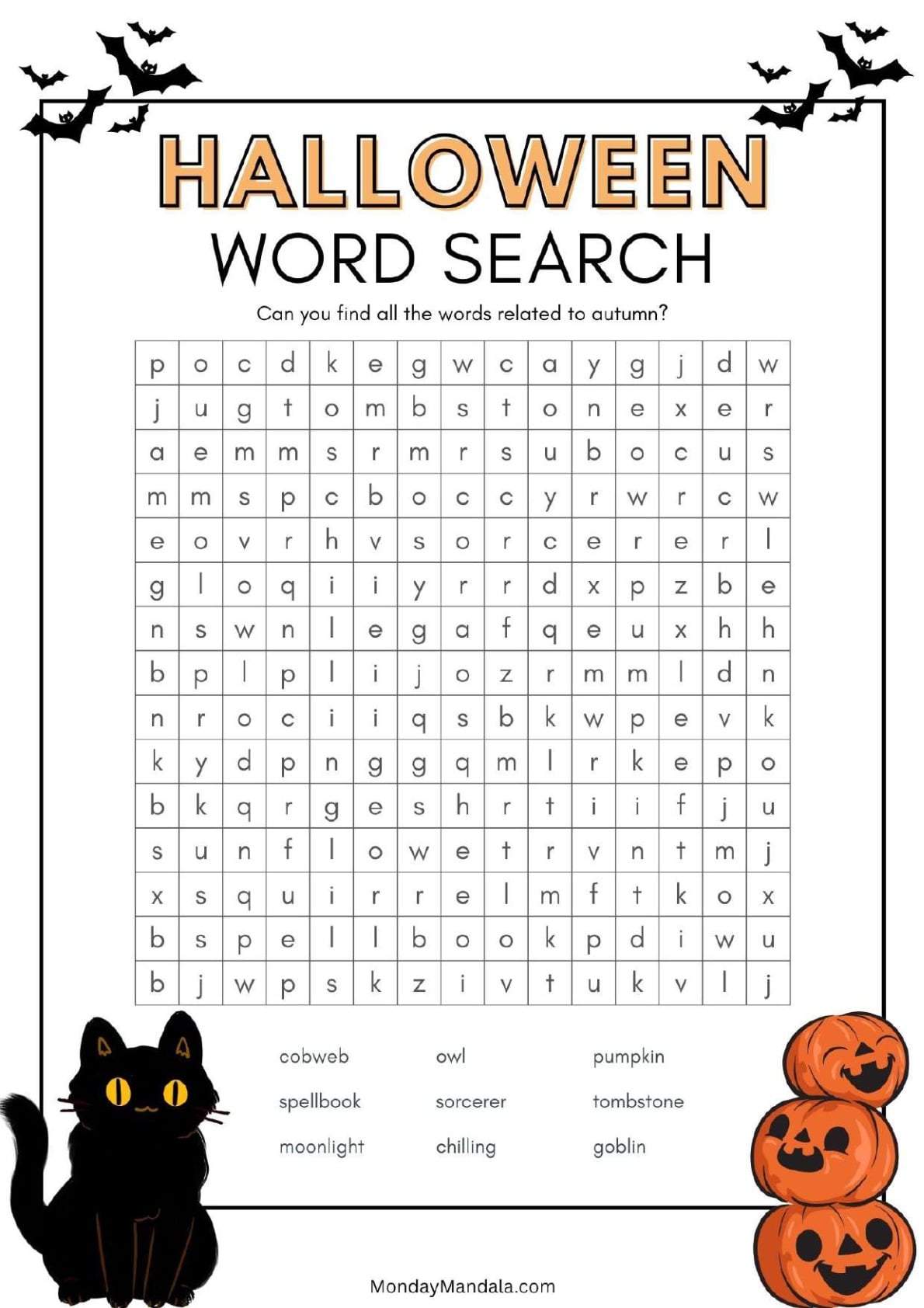 Black Cat And Jack O Lanterns Halloween Word Search