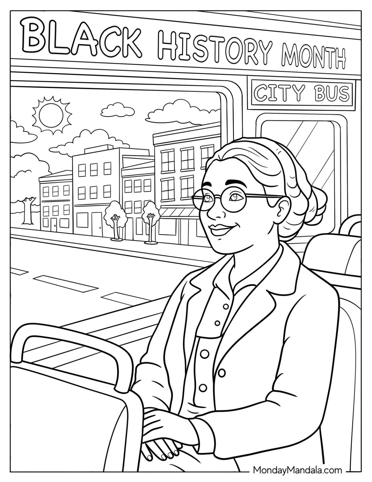 Black History Month Coloring Page of Civil Rights Activist Rosa Parks Sitting on Bus