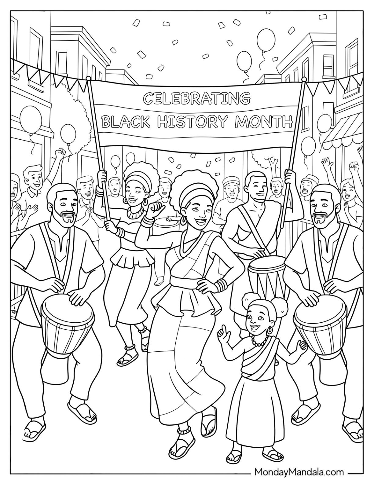 Black Community Dancing in the Streets on Black History Month Coloring Page