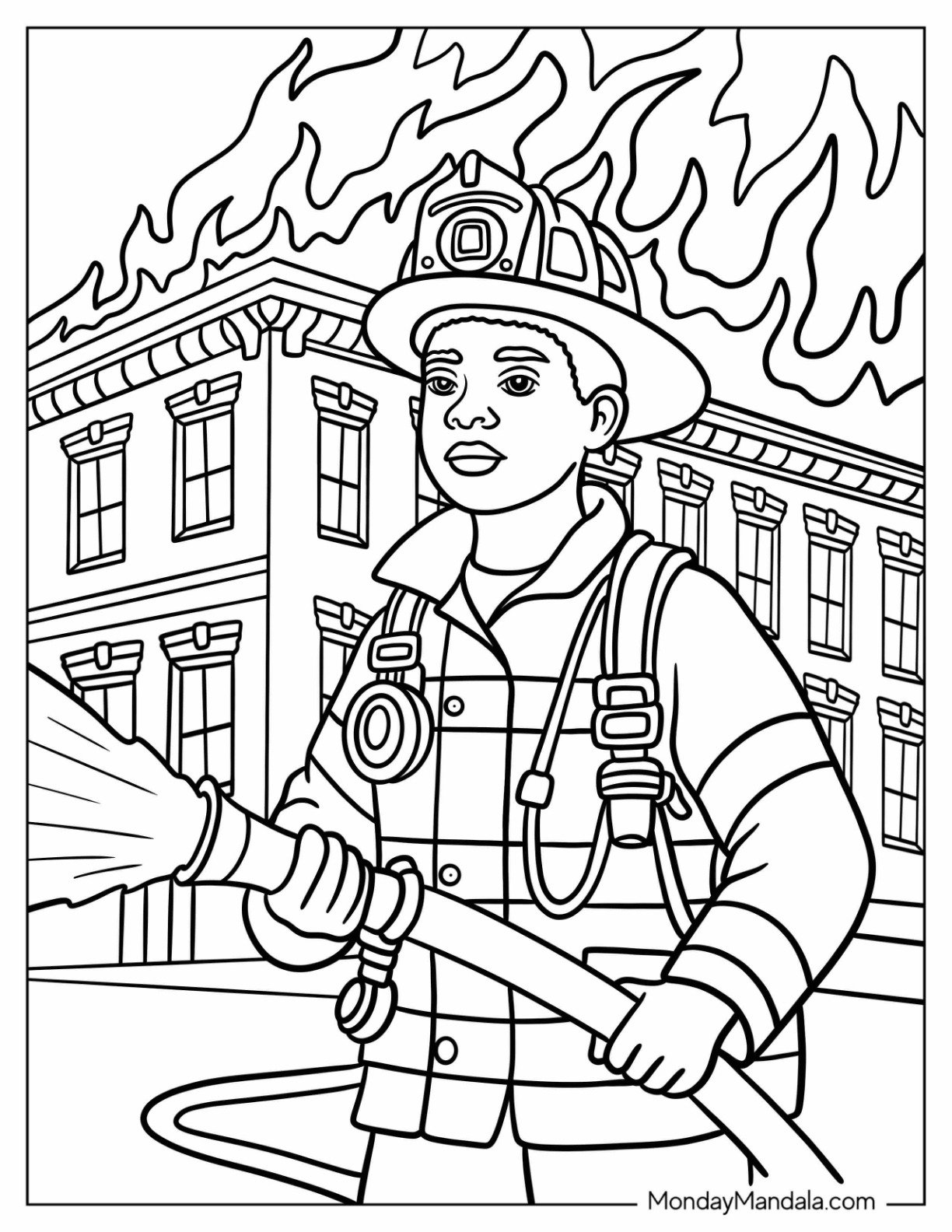 Black Girl & Boy Coloring Page Firefighter Hosing Down Burning Building