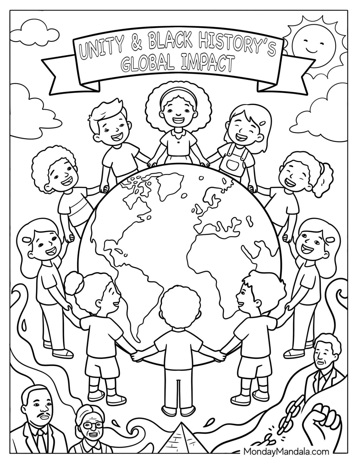 Black History Month Poster with Children Surrounding the Globe Coloring Sheet