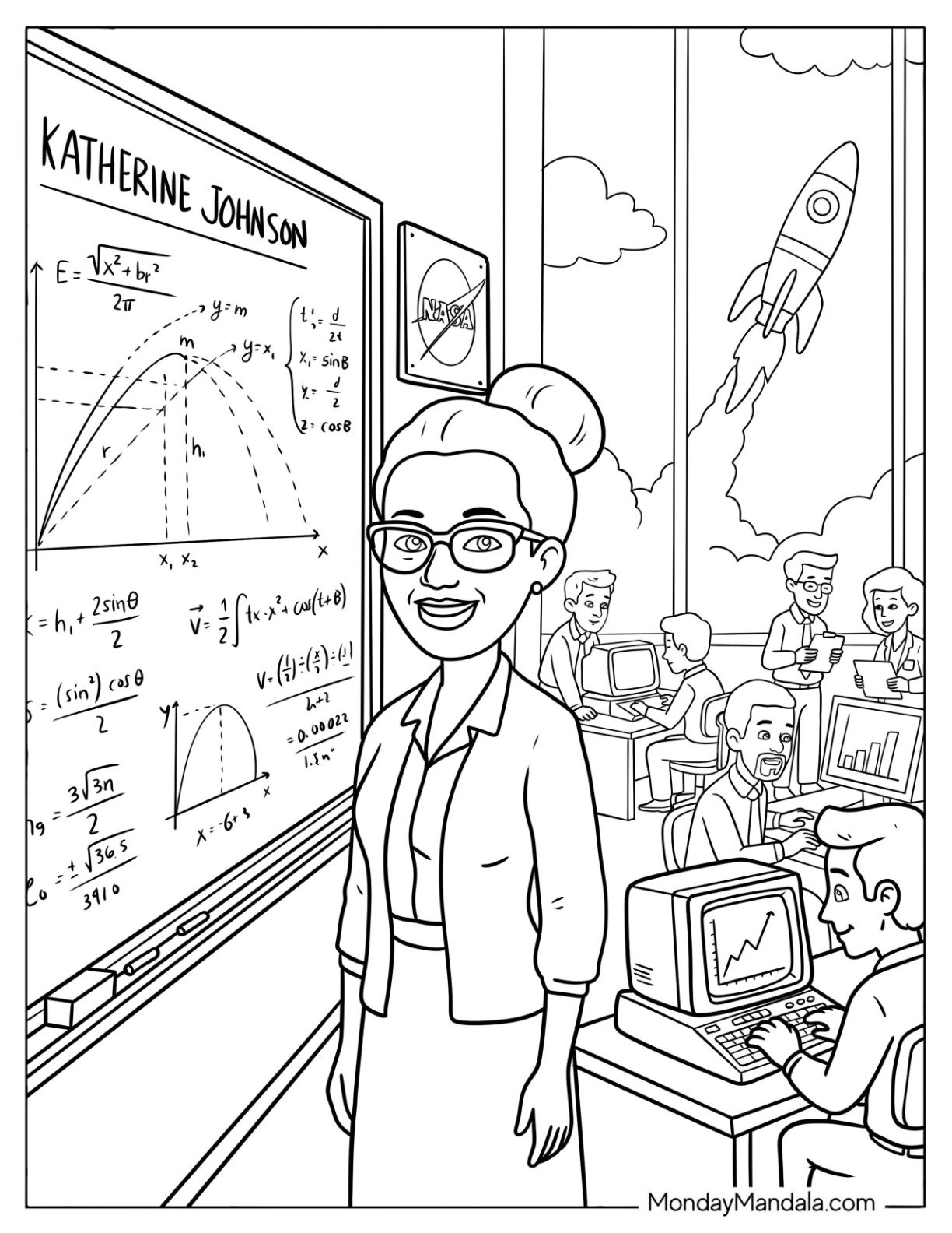Black History Month Coloring Page of Human Computer Katherine Johnson for Kids