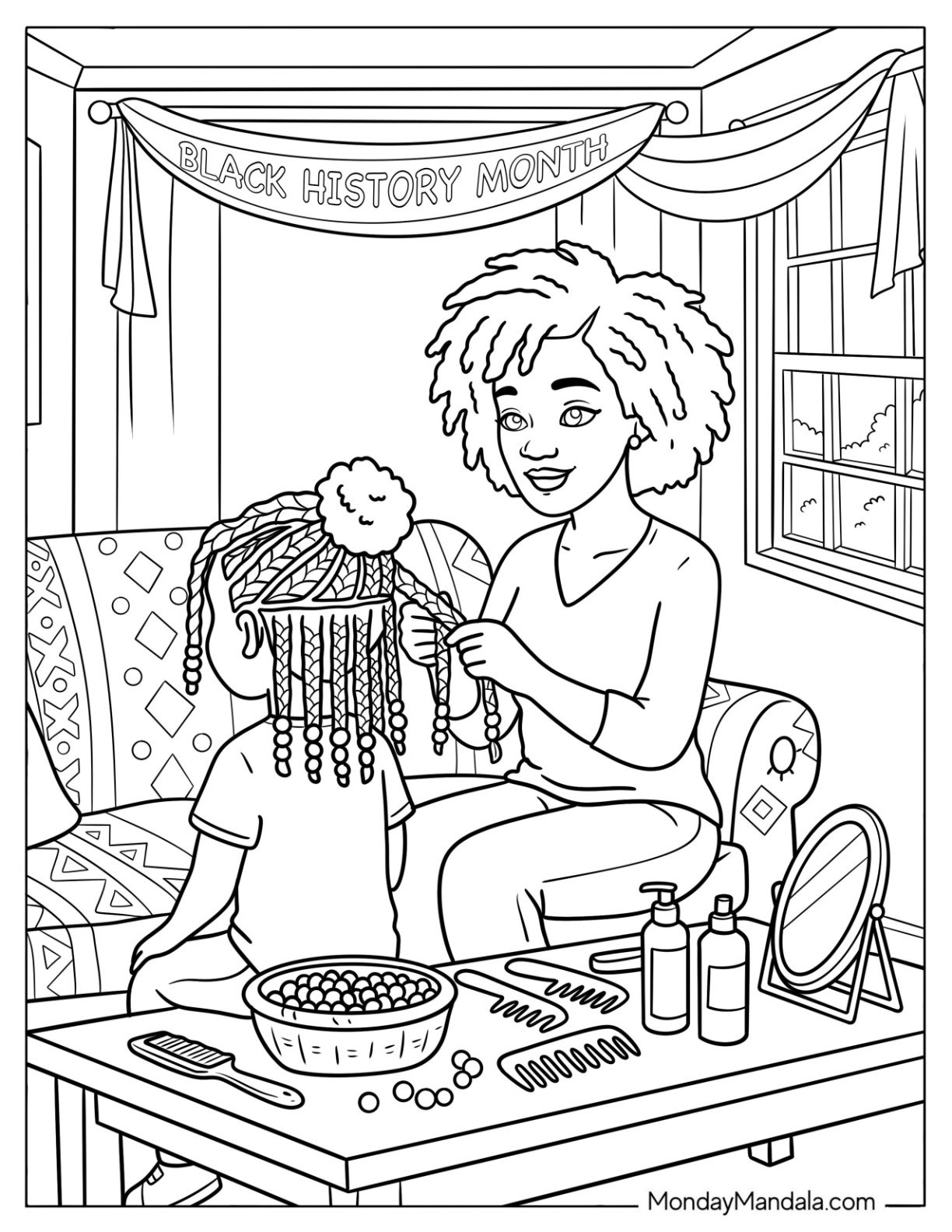 Black History Month Coloring Page of Mother Braiding Daughter s Hair