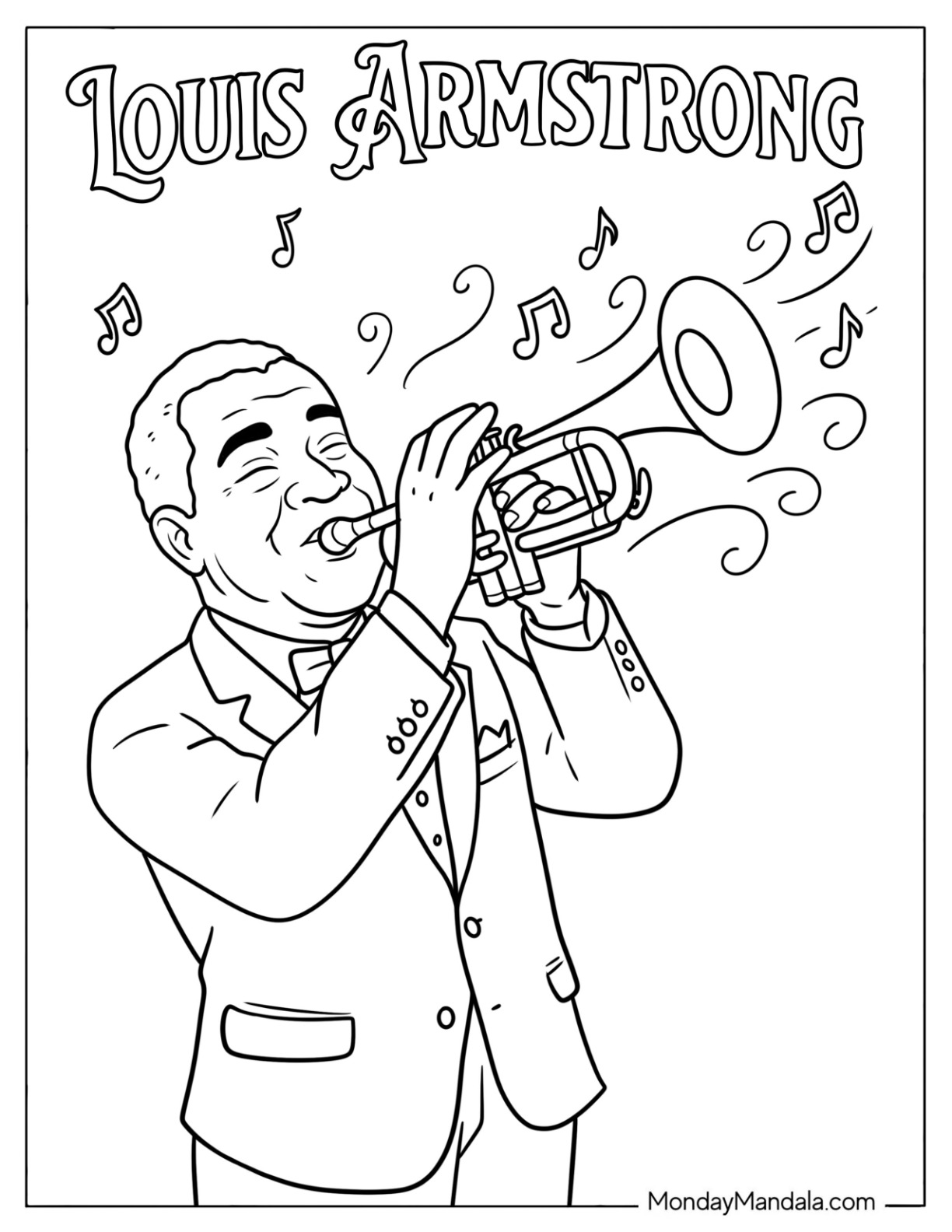 Black History Month Coloring Page of Musician Louis Armstrong Playing the Trumpet