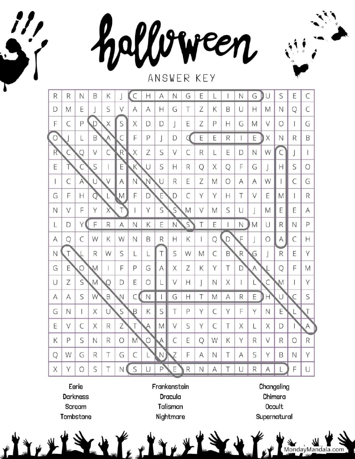 Bloody Handprints Halloween Word Search For Adults Answer Key