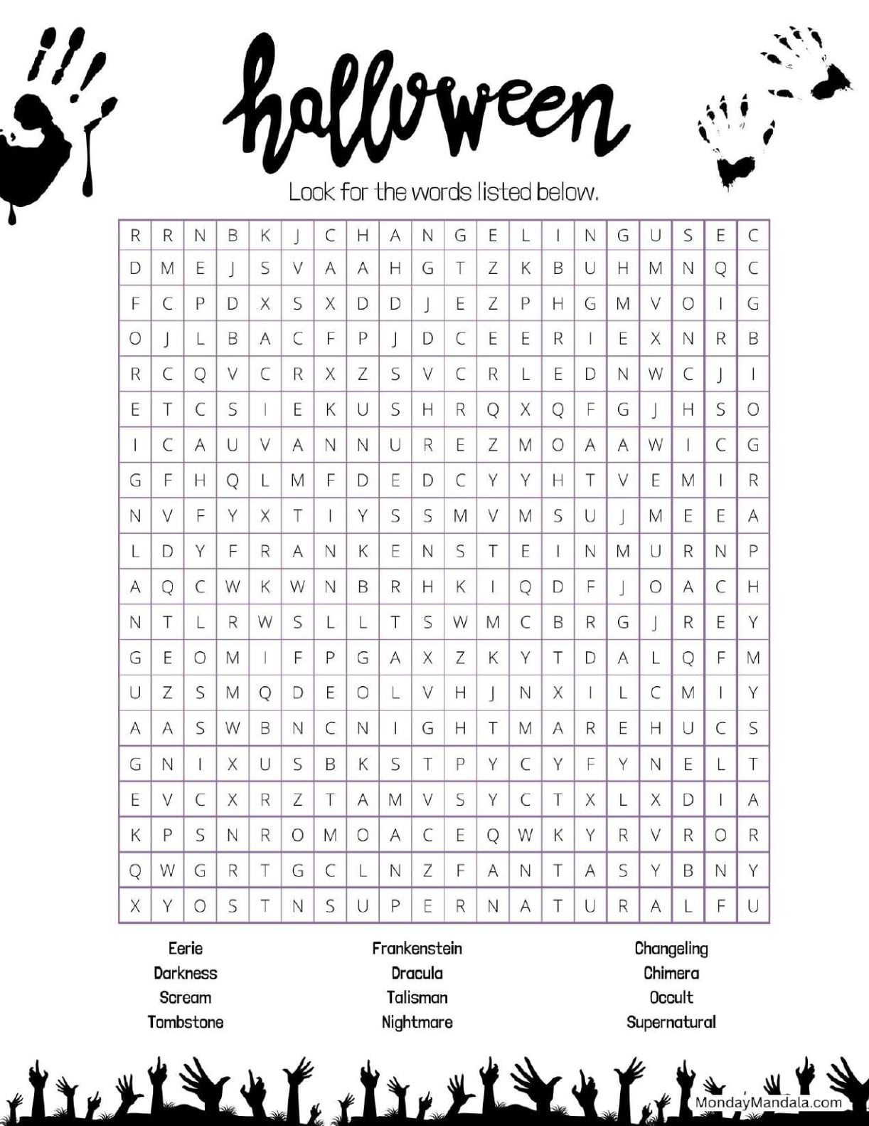 Bloody Handprints Halloween Word Search For Adults
