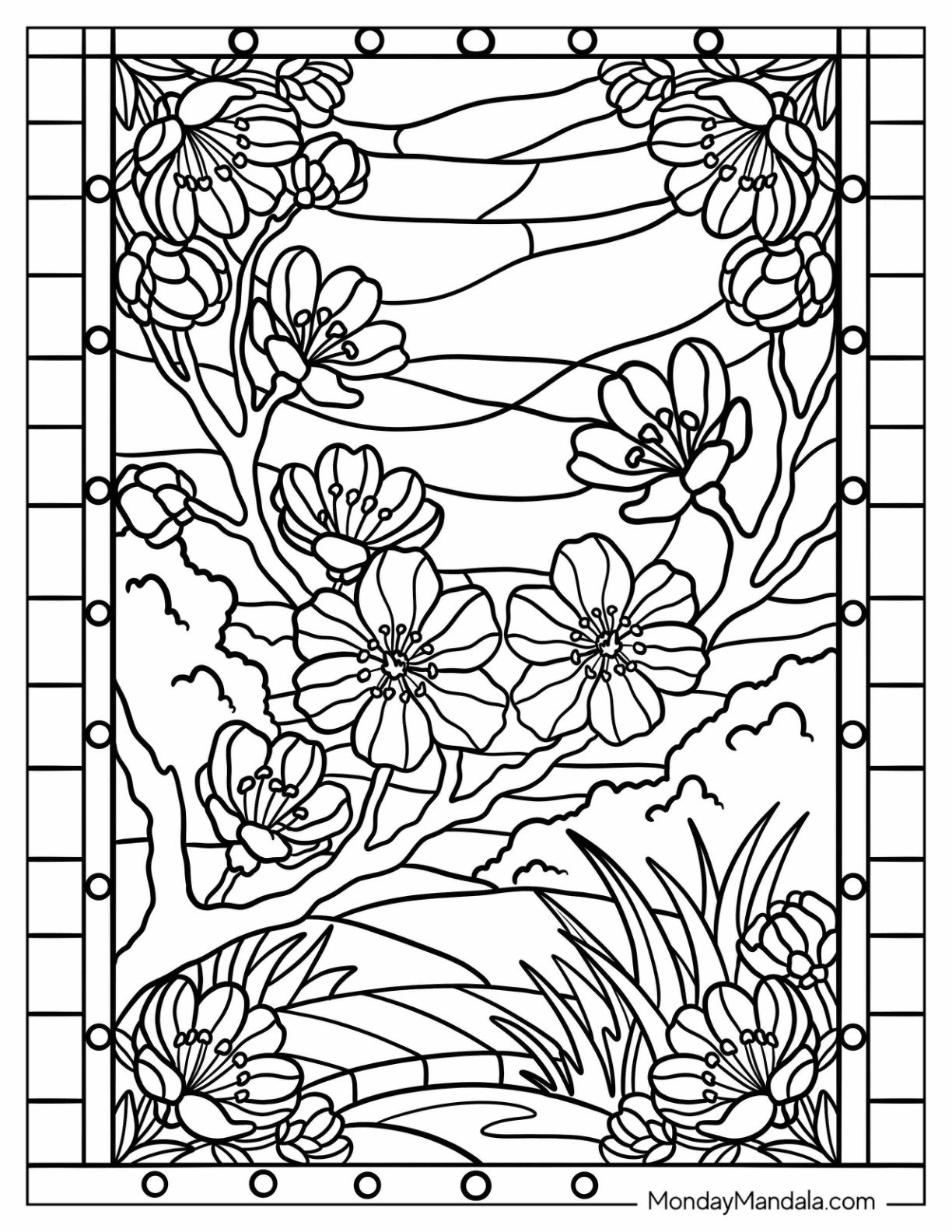 Blooming Cherry Blossoms Stained Glass Coloring Page
