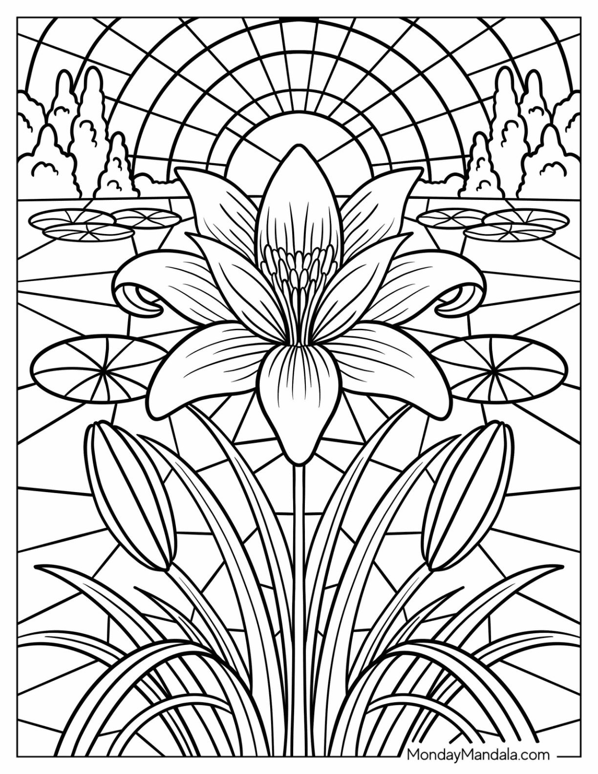 Blooming Lily in Front of a Sunrise Over Water Stained Glass Coloring Page