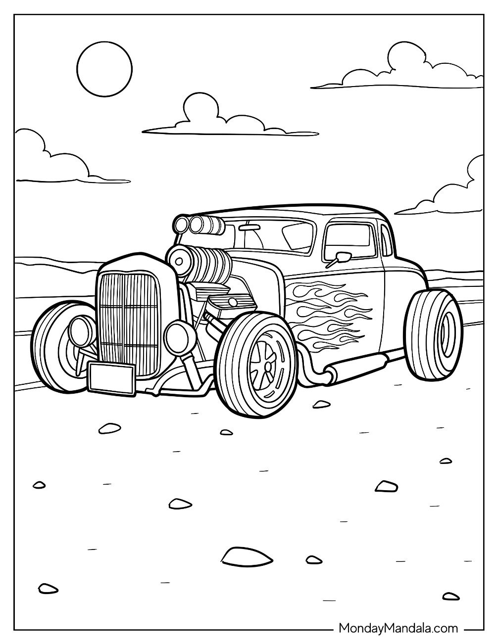 Blown 1930s Ford Coupe Hot Rod Coloring Page in the Desert
