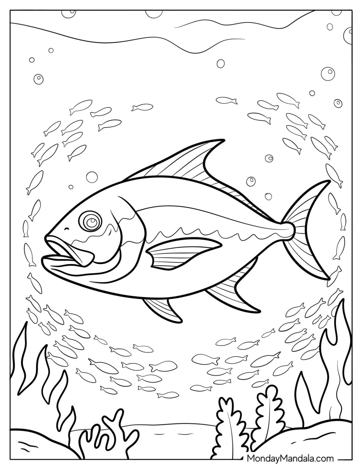 Bluefin Tuna Swimming Through School of Fish Coloring Page