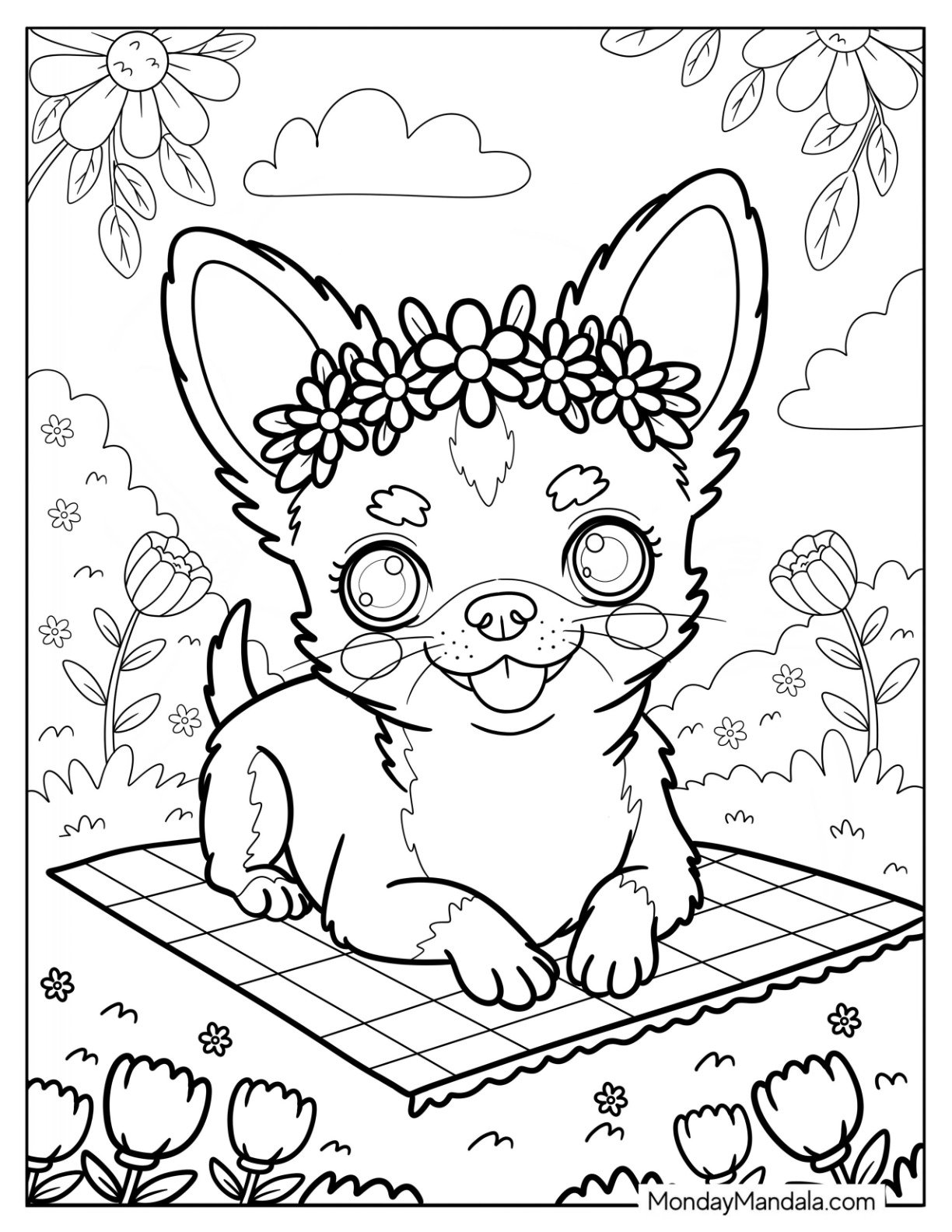 Blushing Chihuahua Coloring Page with a Flower Crown Resting in the Garden