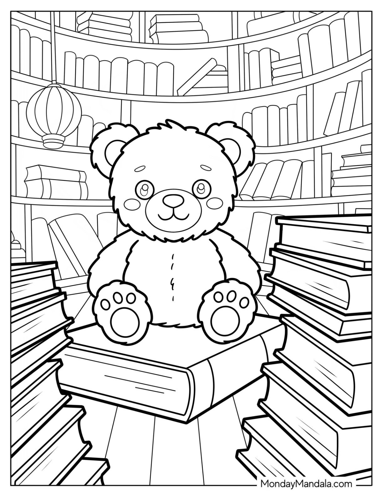 Blushing Teddy Bear Coloring Pages Sitting on a Massive Book in a Library