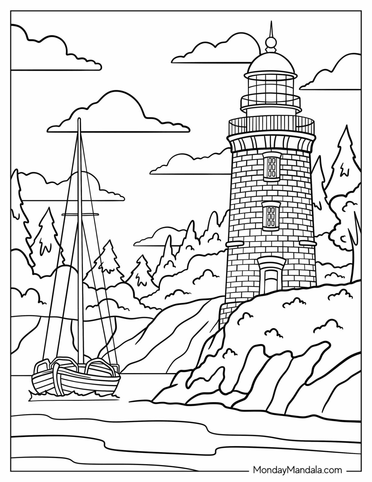 Boat Floating Near a Brick Lighthouse Coloring Page