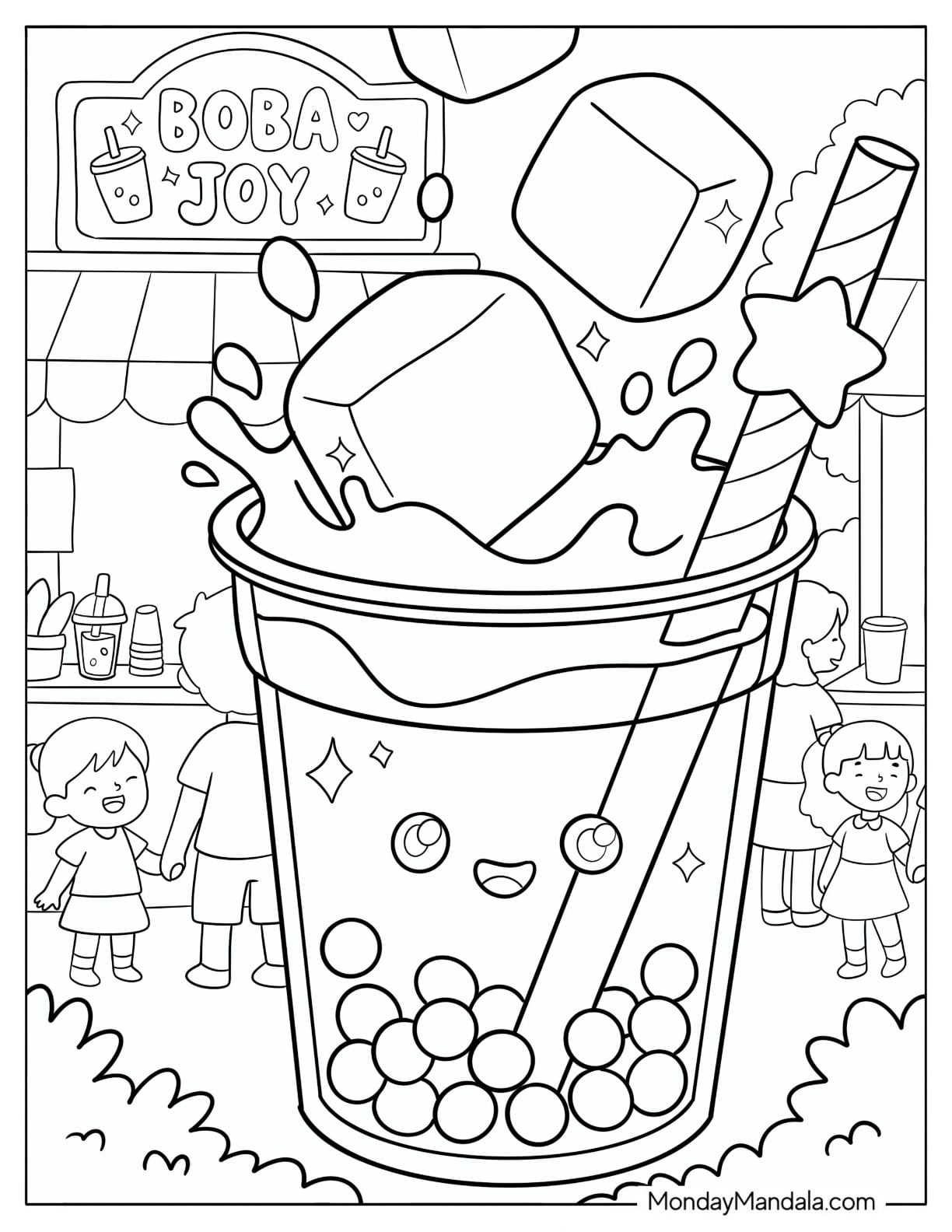 Boba Tea with Star Straw and Ice Cubes Coloring Sheet