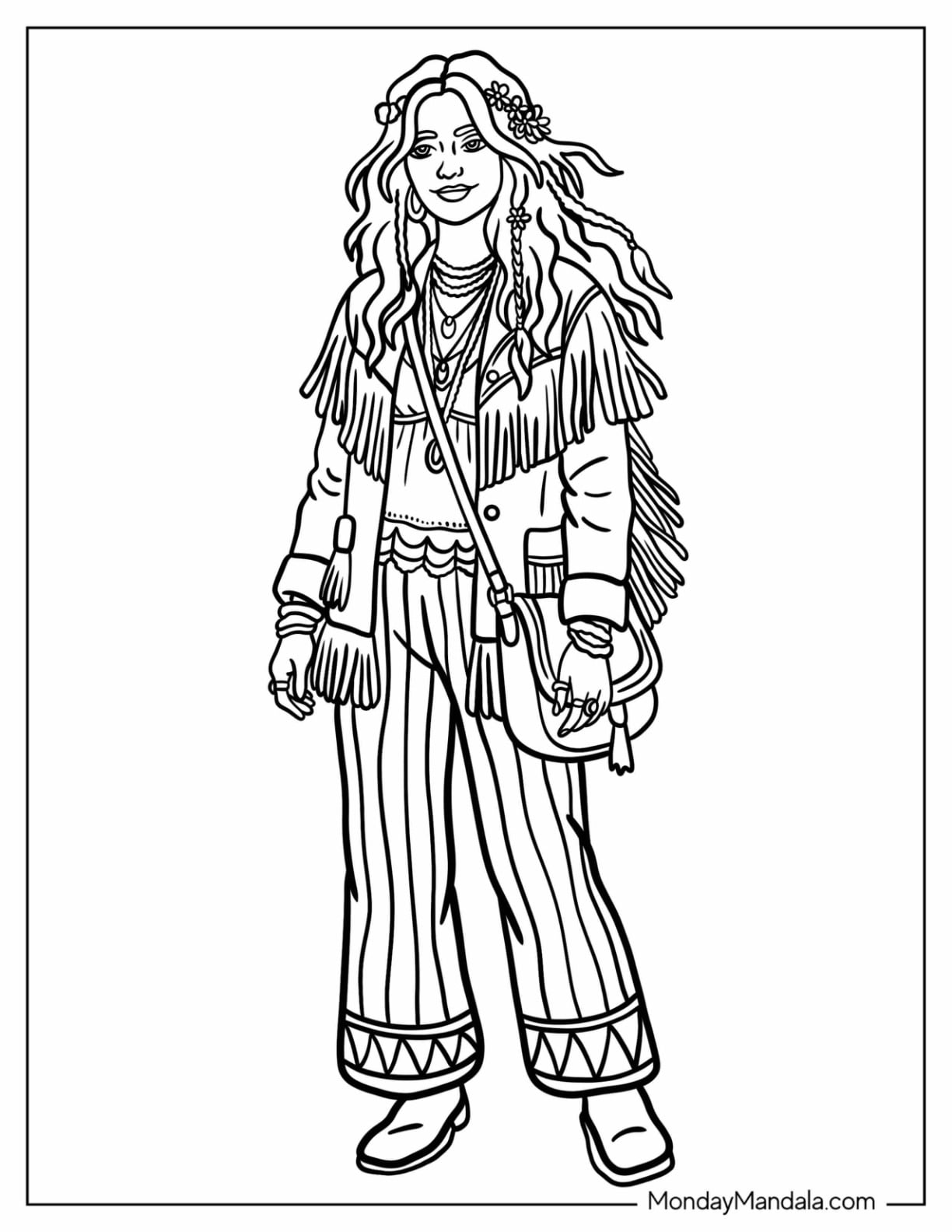 Bohemian Hippie Woman Wearing Fringe and Bell Bottoms Coloring Sheet