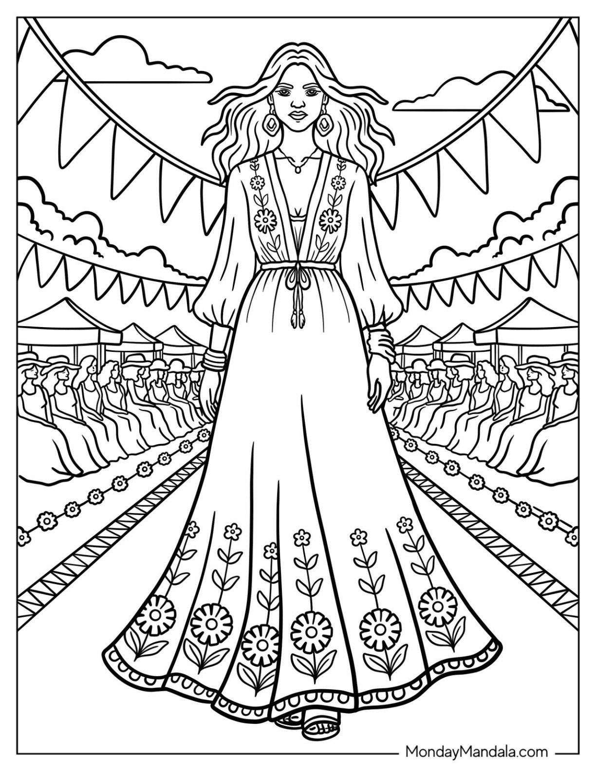 Bohemian Maxi Dress with Floral Embroidery Flowing on a Festival Runway Fashion Coloring Page