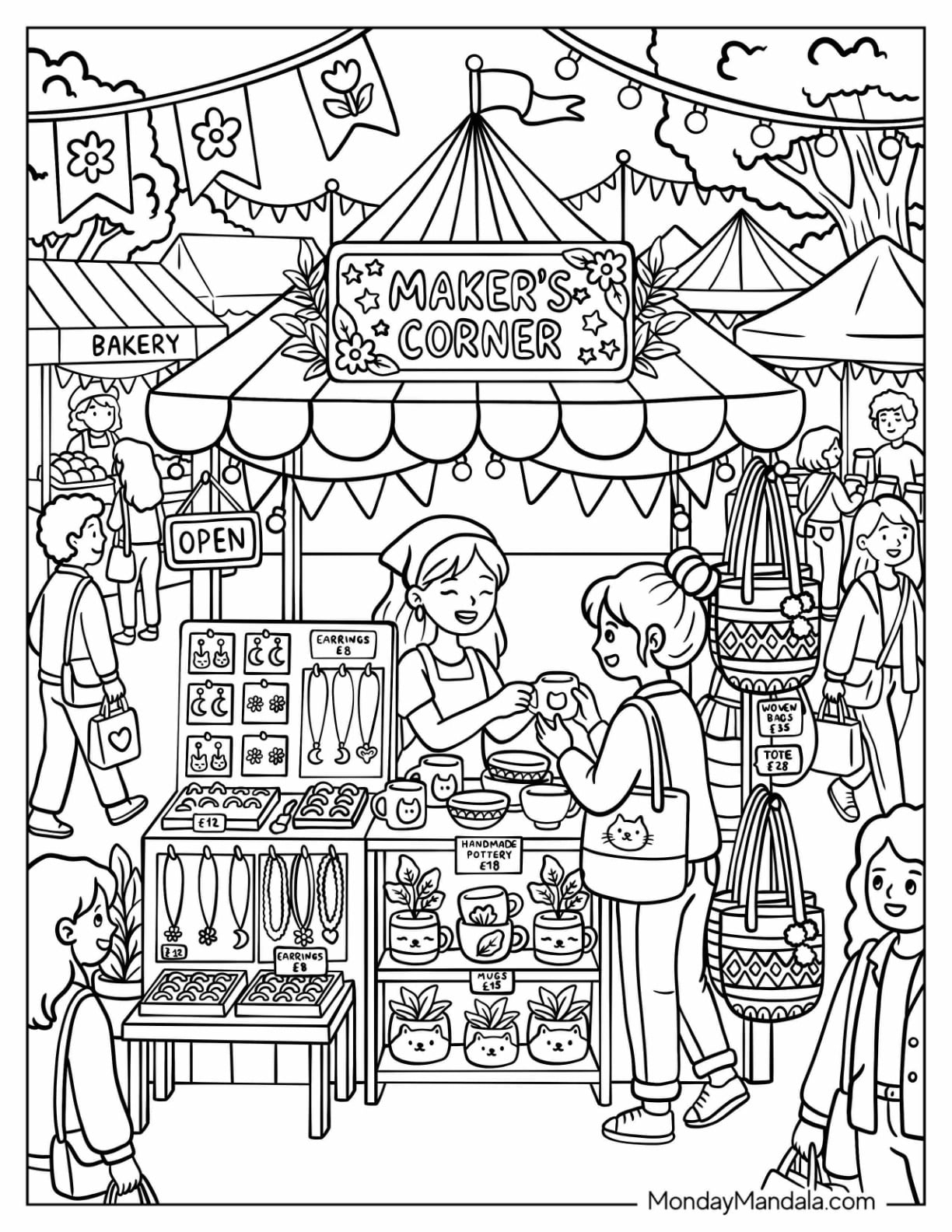 Boho Artisan Market Stall with Handmade Jewelry and Bags Coloring Page