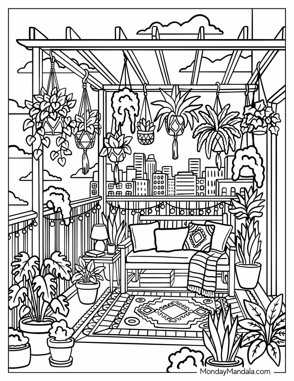 Boho Balcony Garden with Hanging Plants and City Skyline